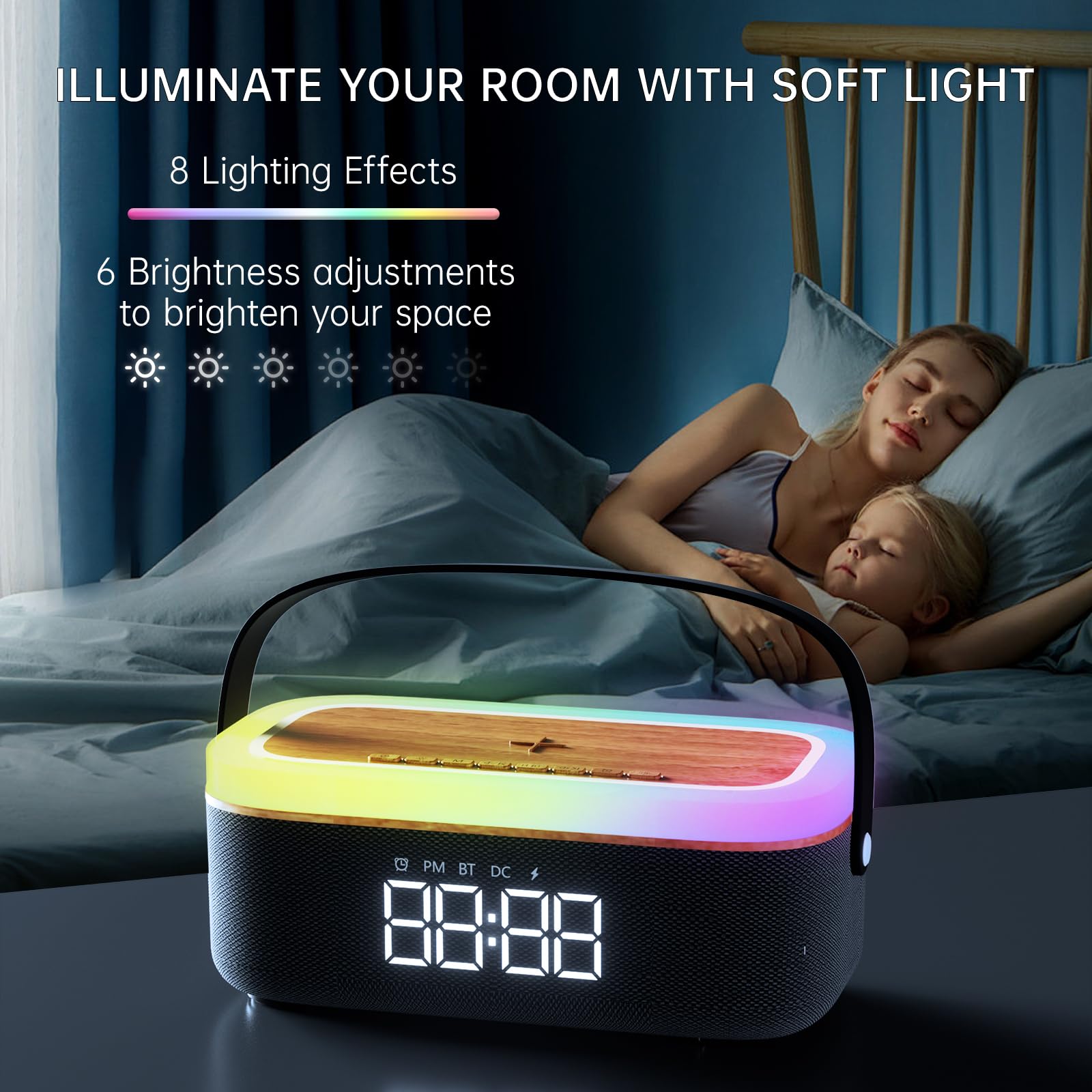 Lovme Fabric Alarm Clock Speaker Wireless Charger,Bedside Digital Alarm Clocks Bedrooms Bluetooth, Alarm Clock Dimmable Light Be