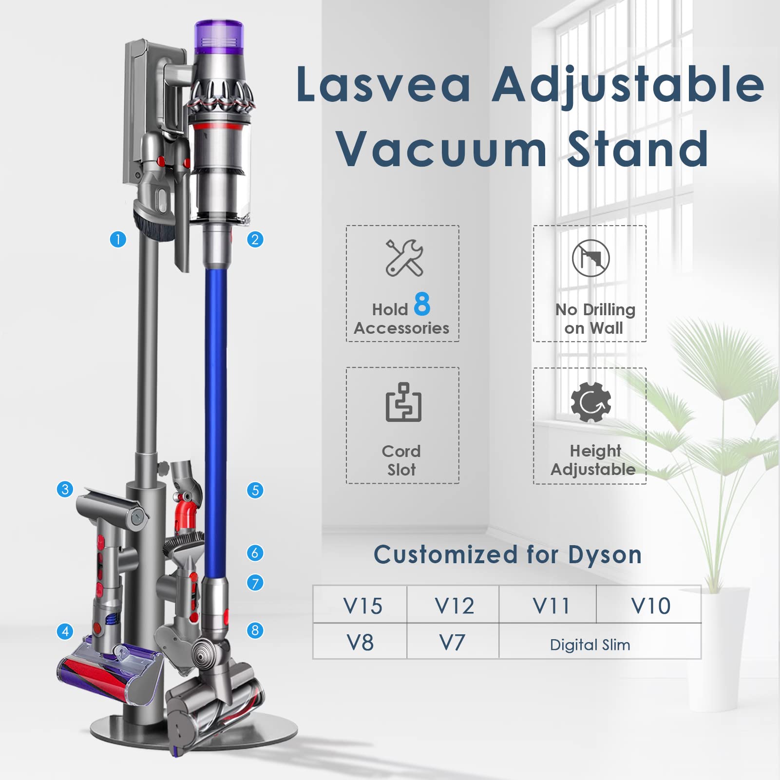 Lasvea Height Adjustable Vacuum Stand For Dyson V15, V12,V11, V10,V8,V7   Aluminum Tube Vacuum Rack Organizer, 7.9 Lbs Steel Bas