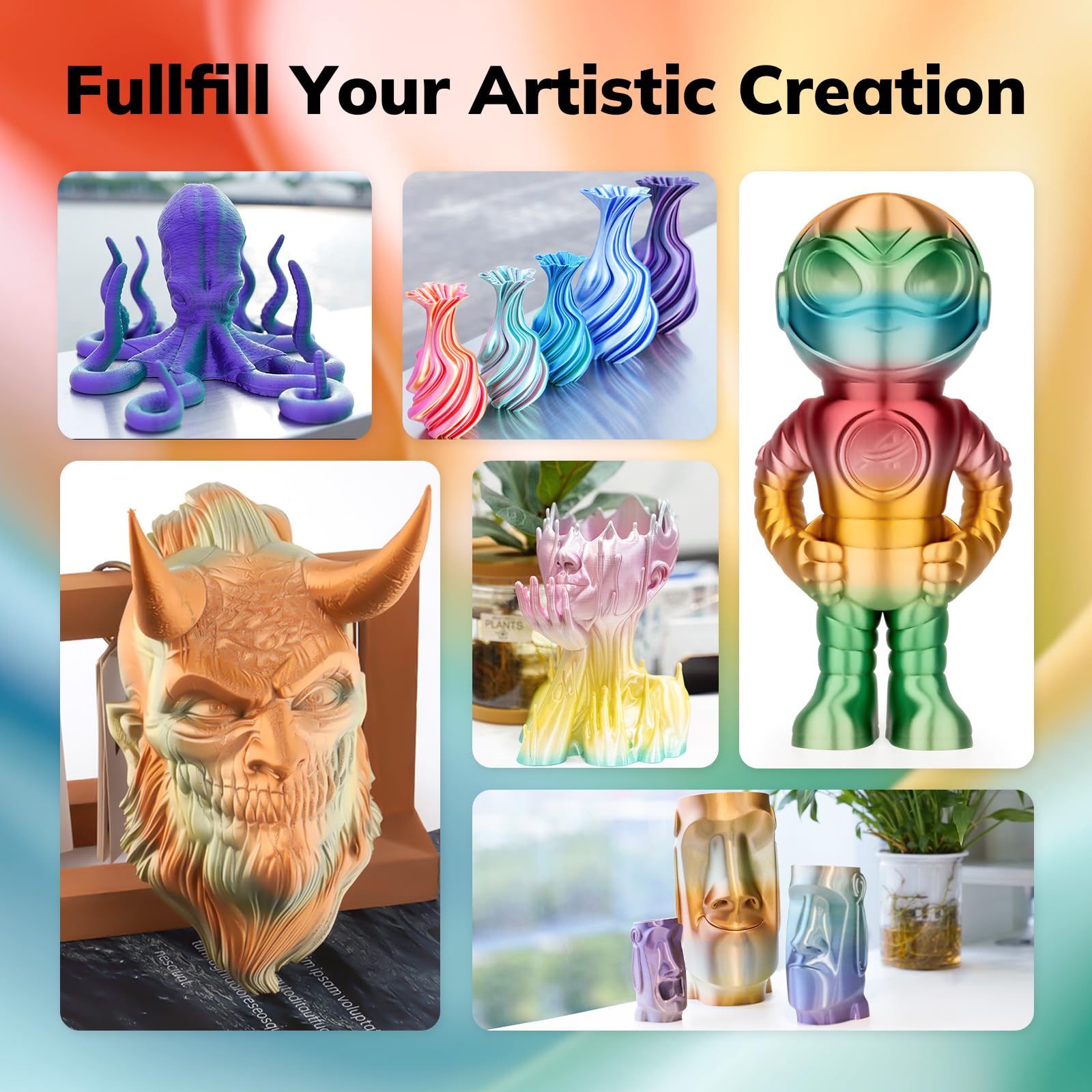 Amolen Silk Pla 3D Printer Filament, Shiny Multicolor Fusion Rainbow Pla Filament 1.75Mm, Gradient Color Change Pla 3D Printing