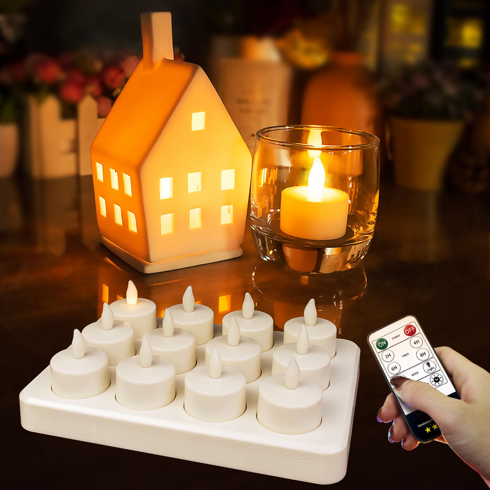 Hl Rechargeable Tea Lights With Remote & Charging Base,12Pcs 50+Hours Rechargeable Battery Operated Tea Lights Timer, Led Votive