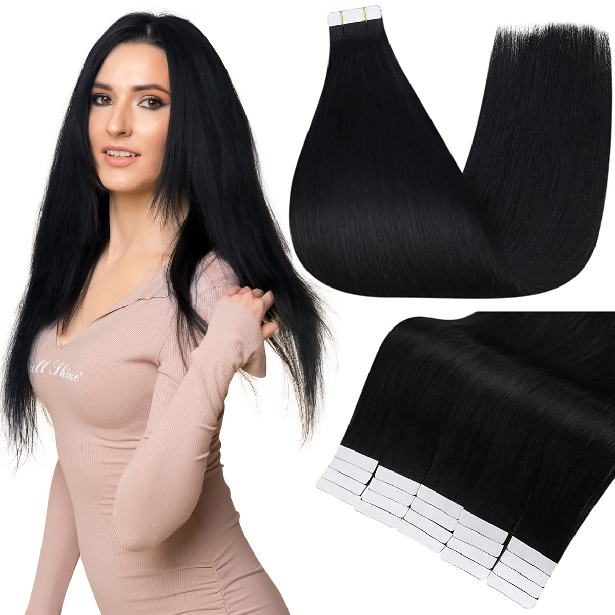 Full Shine 24 Inch Black Hair Extensions Tape In Jet Black Natural Real Human Hair Long Tape In Extensions Real Human Hair 20 Pi