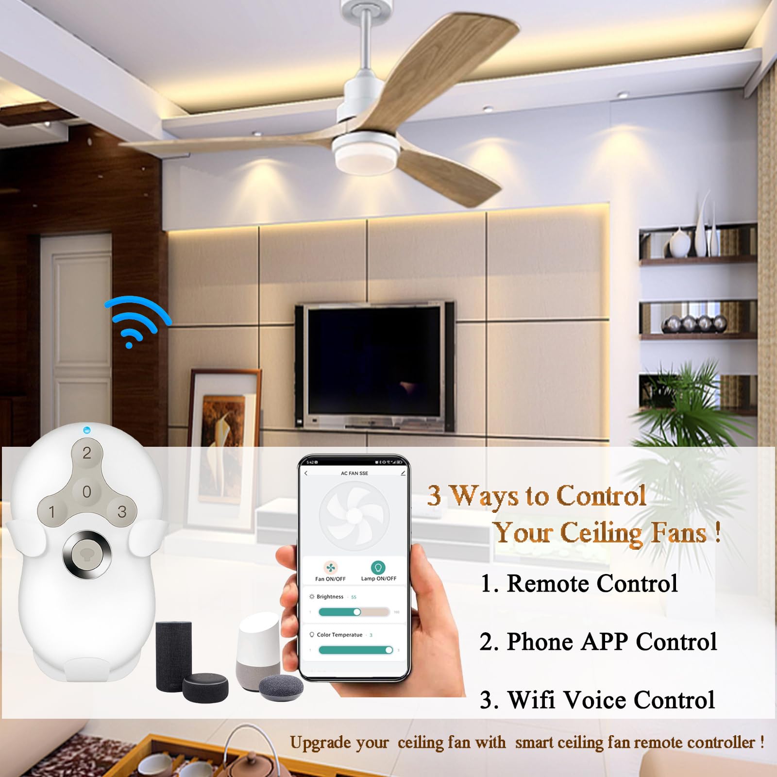 Smart Wifi Universal Ceiling Fan Remote Control Kit With Learning Setting, 3  Speed Light Dimmer Controller Compatible With Alex