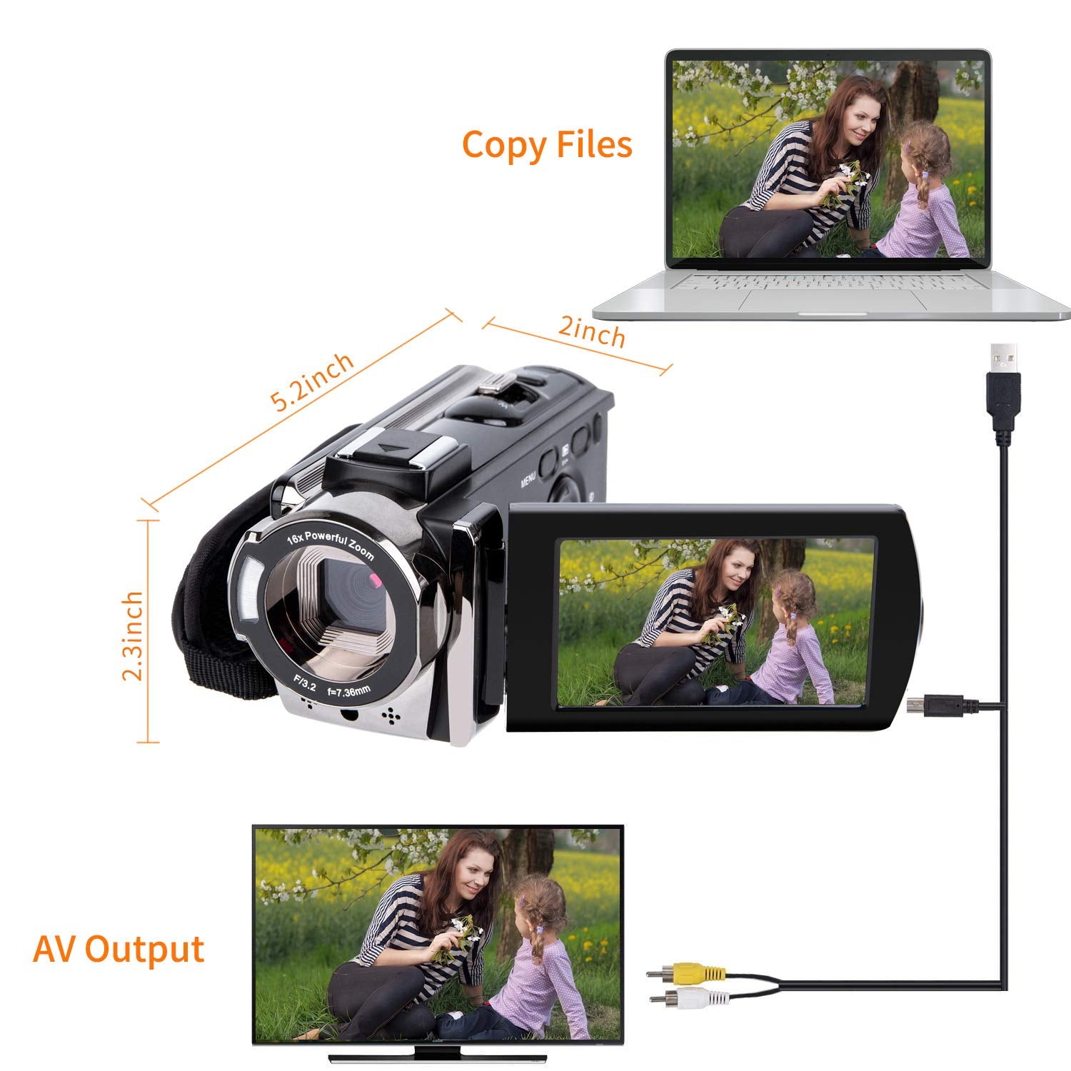Kicteck Video Camera Camcorder Digital Camera Recorder Full Hd 1080P 15Fps 24Mp 3.0 Inch 270 Degree Rotation Lcd 16X Zoom Camcor