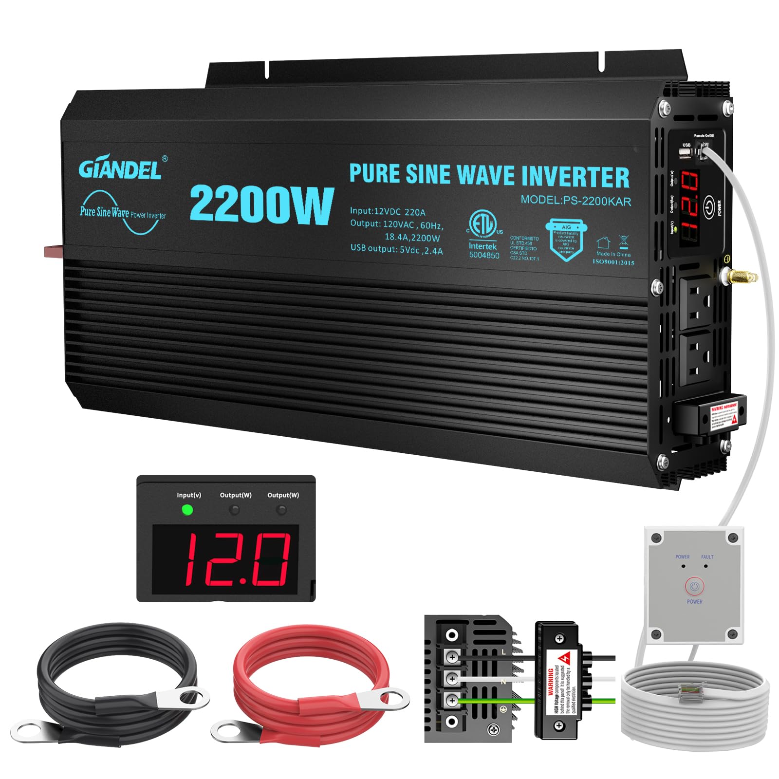 GIANDEL Pure Sine Wave Power Inverter 2200Watt ETL UL458 Listed DC 12V to 120 Vac with 20 Amps Hardwire Blocks & 15FT Wired Remo