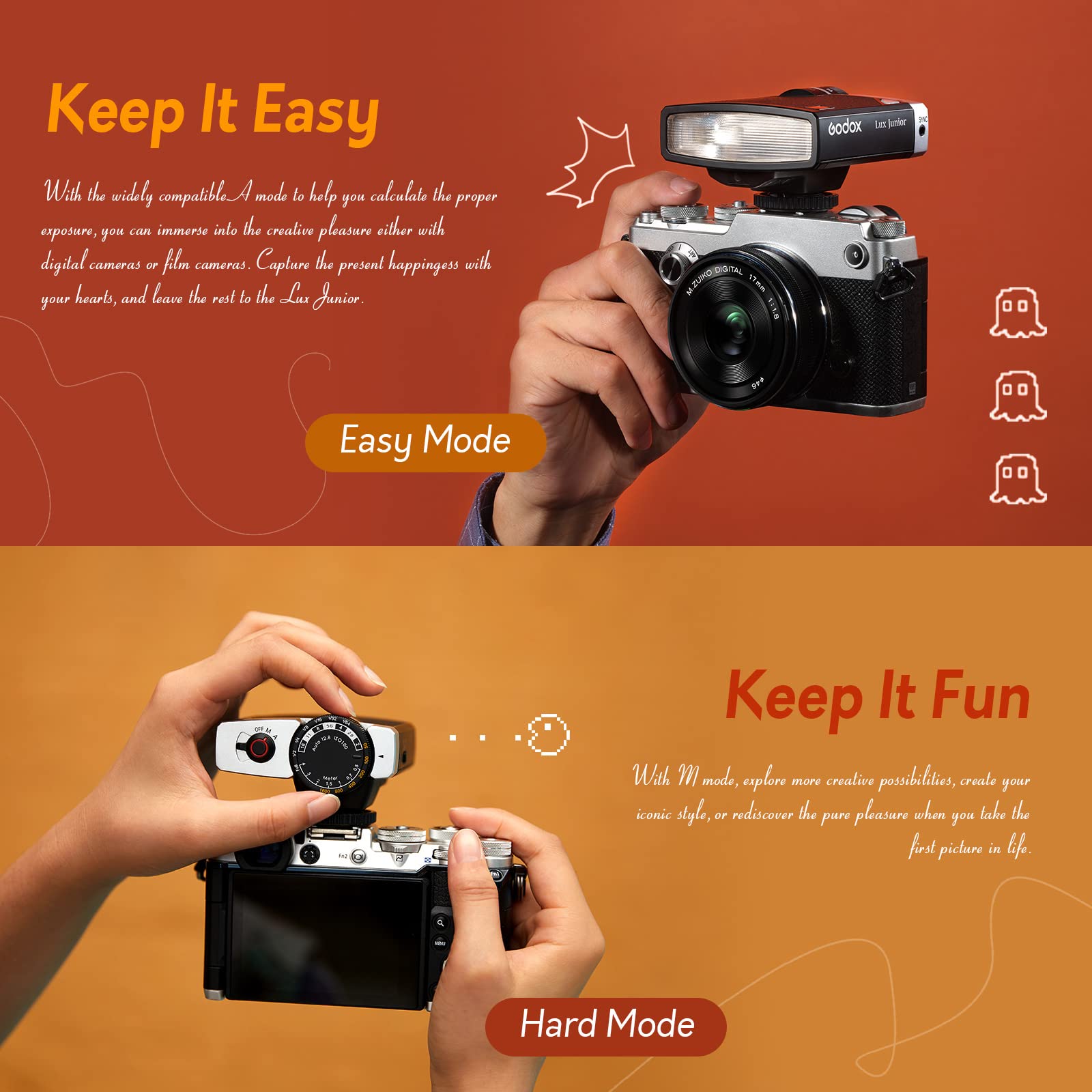 Godox Lux Junior Retro Camera Flash,Gn12 6000K200K Cct,Auto & Manual Modes 1/1-1/64 Flash Power,28Mm Focal Length,For Fujifilm,F