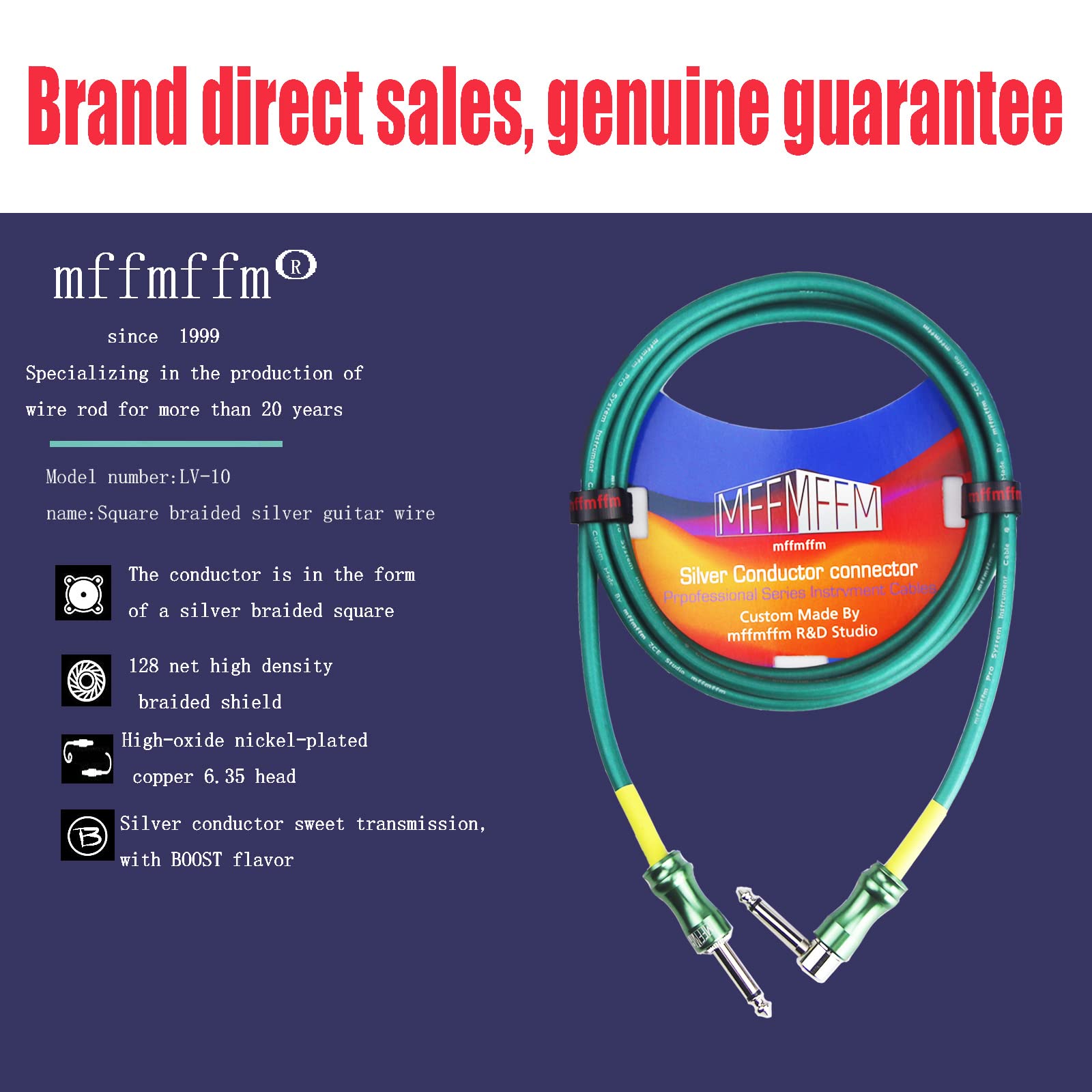 Mffmffm Guitar Cable 10 Ft   Straight To Right Angle 1/4 Inch Guitar Cord, Instrument Cable For Electric Guitar/Amp/Bass, Pro Au