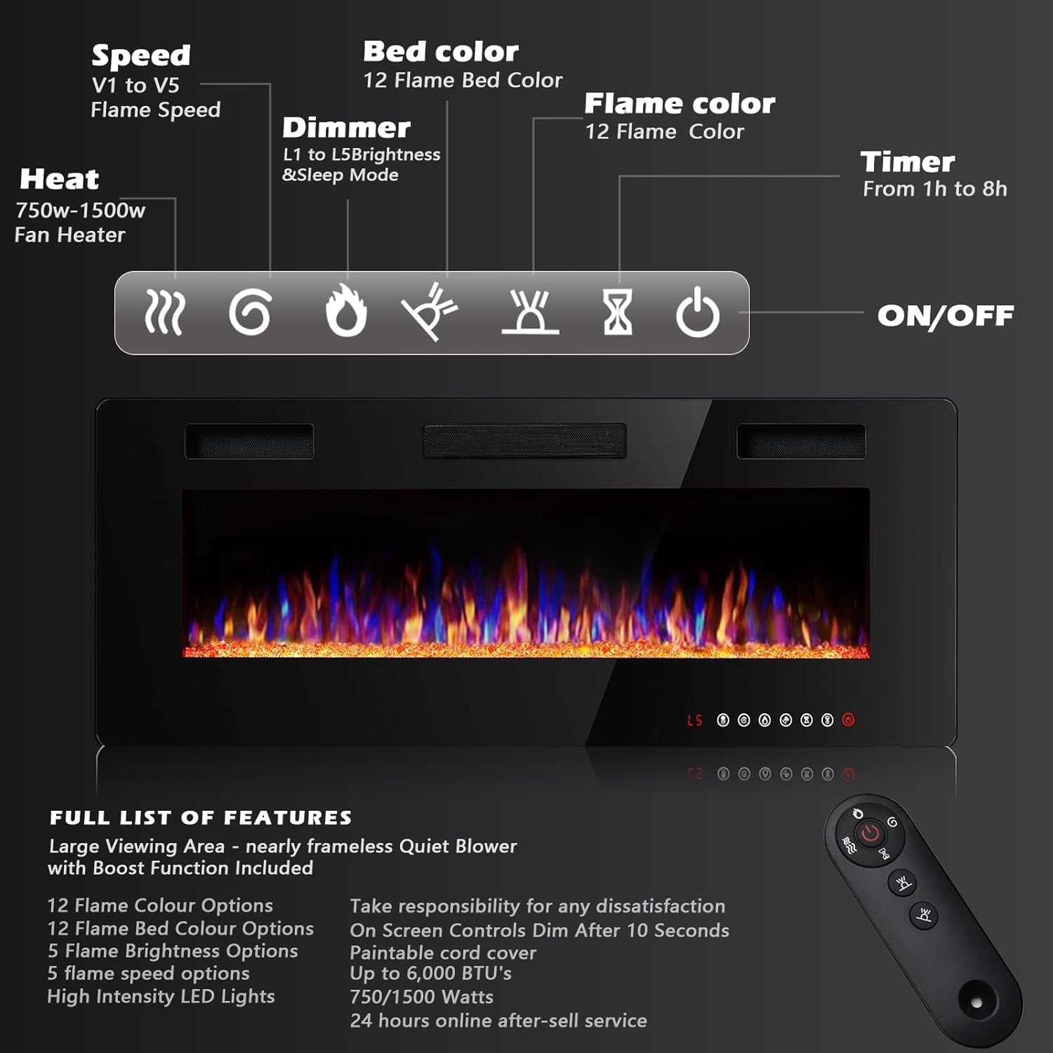 Bossin 42 Inch Ultra Thin Silence Linear Electric Fireplace, Recessed Wall Mounted Fireplace, Fit For 2 X 4 And 2 X 6 Stud, 12 A