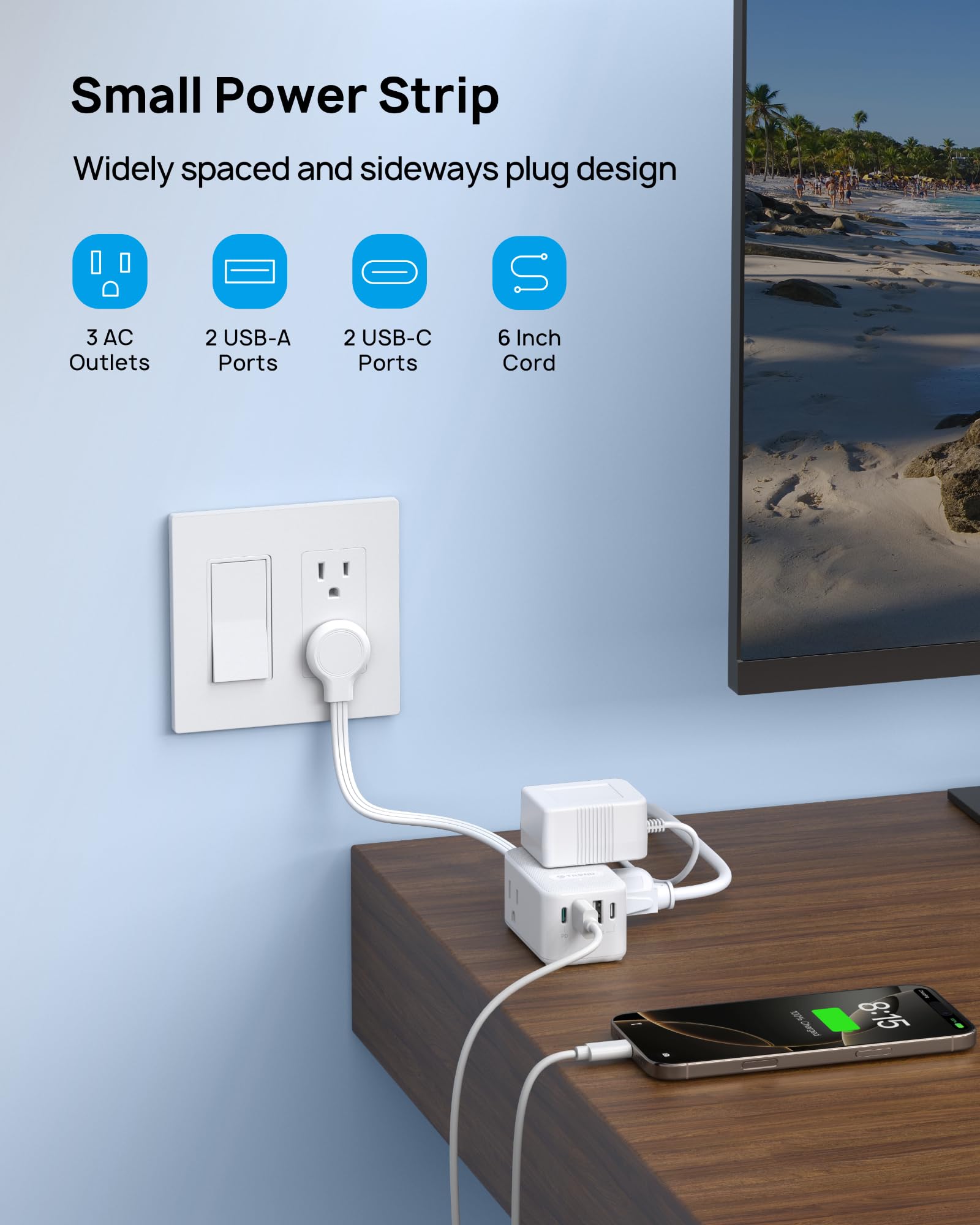 Trond Outlet Extender With 6 Inch Cord   Multi Plug Wall Outlet With Pd 20W Usb C Plug Adapter, Ultra Short Extension Cord, 3 Wa