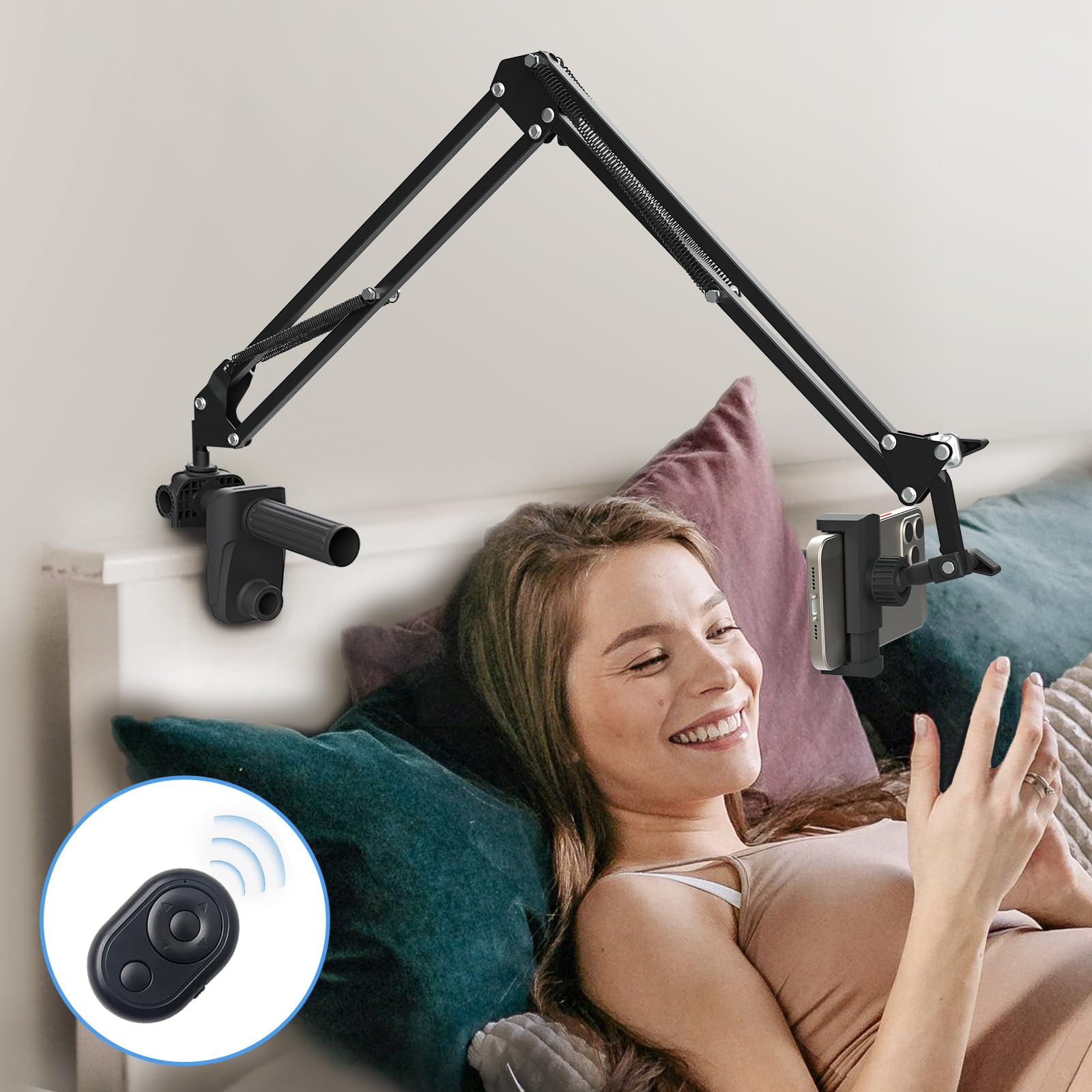 Aihome Phone Holder For Bed Laying Down, Flexible Overhead Mount Cell Phone Stand Lazy Bracket Mount Long Arms Clamp Clip For Of