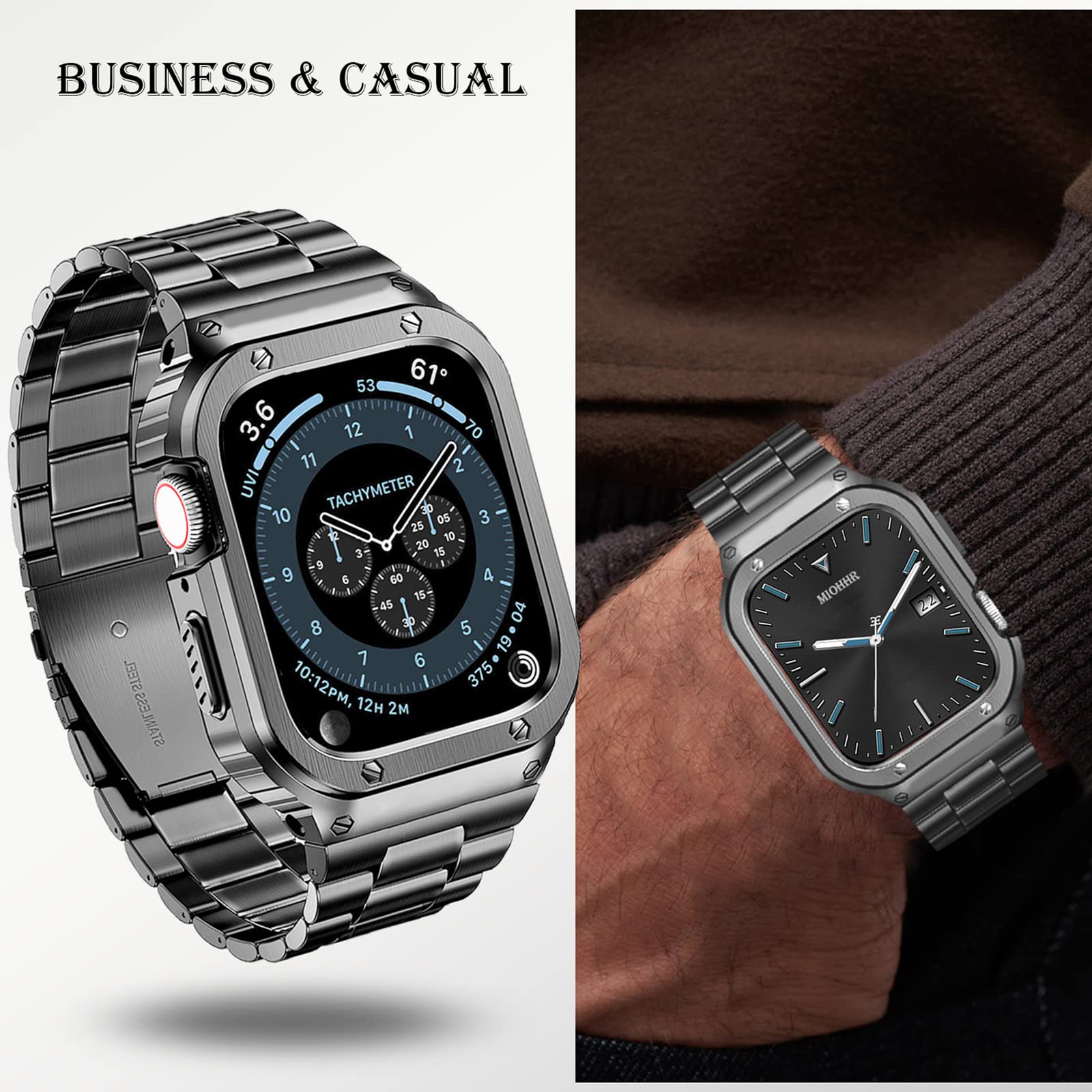 Miohhr Stainless Steel Band And Case Compatible With Apple Watch Band 41Mm 40Mm 38Mm, Men Metal Protective Bumper Cover For Iwat