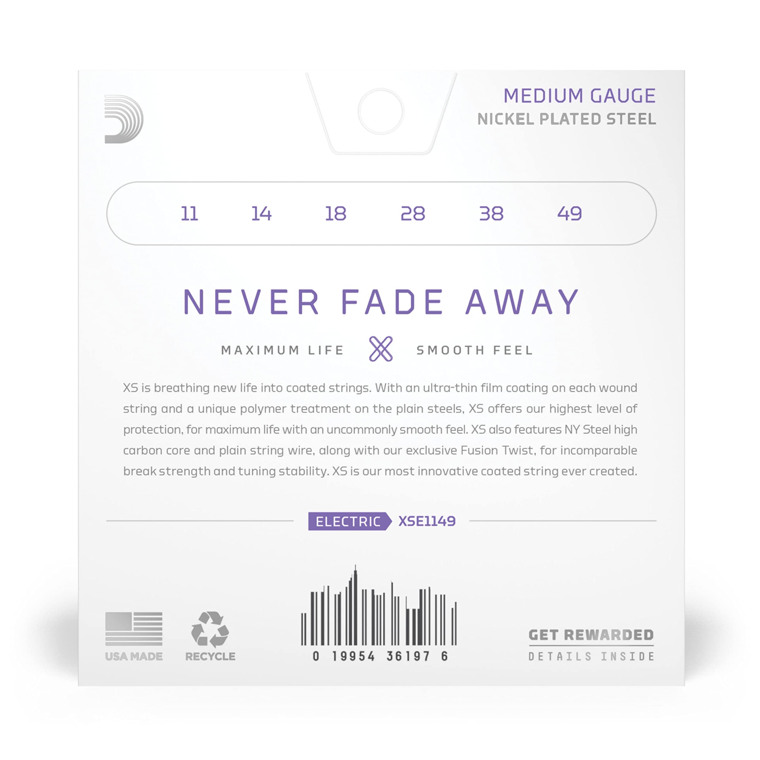 Daddario Electric Guitar Strings, Xs Nickel Coated, Xse1149, Medium Gauge 11-49, 6-String Set, Pack Of 1