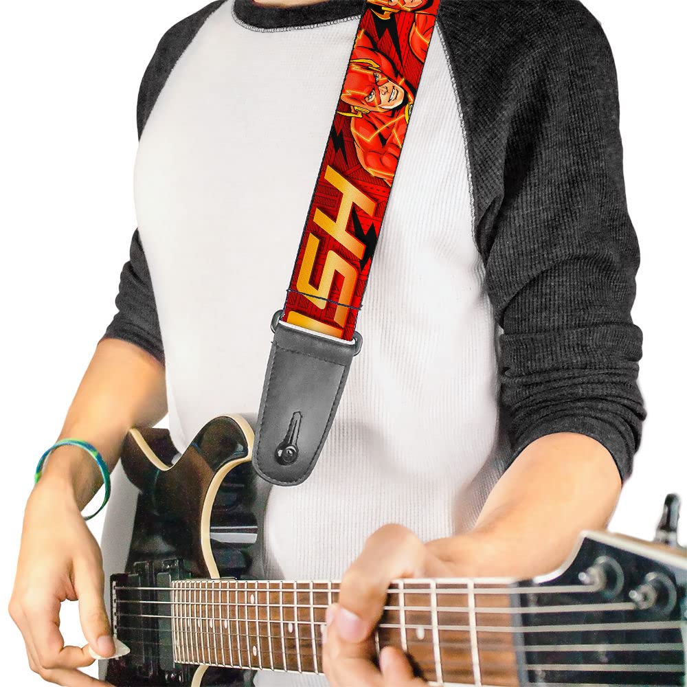 Dc Comics Guitar Strap, The Flash Logo Poses Black Red Gold, 2 Inches Wide