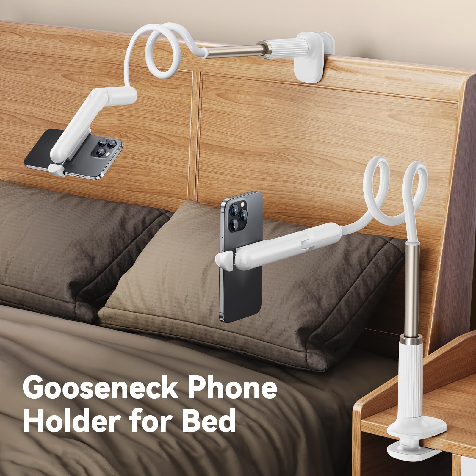 Nediea Phone Holder For Bed, Gooseneck Cell Phone Stand With Clamp Mount, 900 Rotation Overhead Lazy Bracket With Flexible Long