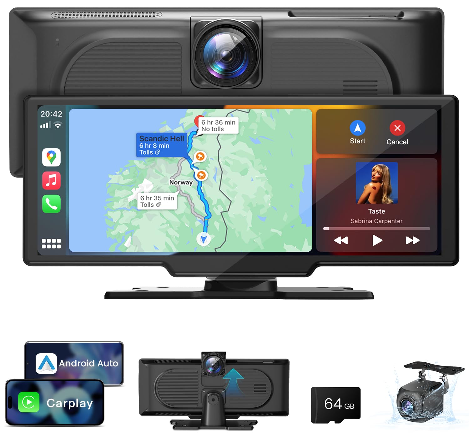 10.26'' Carplay Screen For Car: 4K Dash Cam Portable Car Stereo With Wireless Carplay Android Auto, Touchscreen, 1080P Backup Ca
