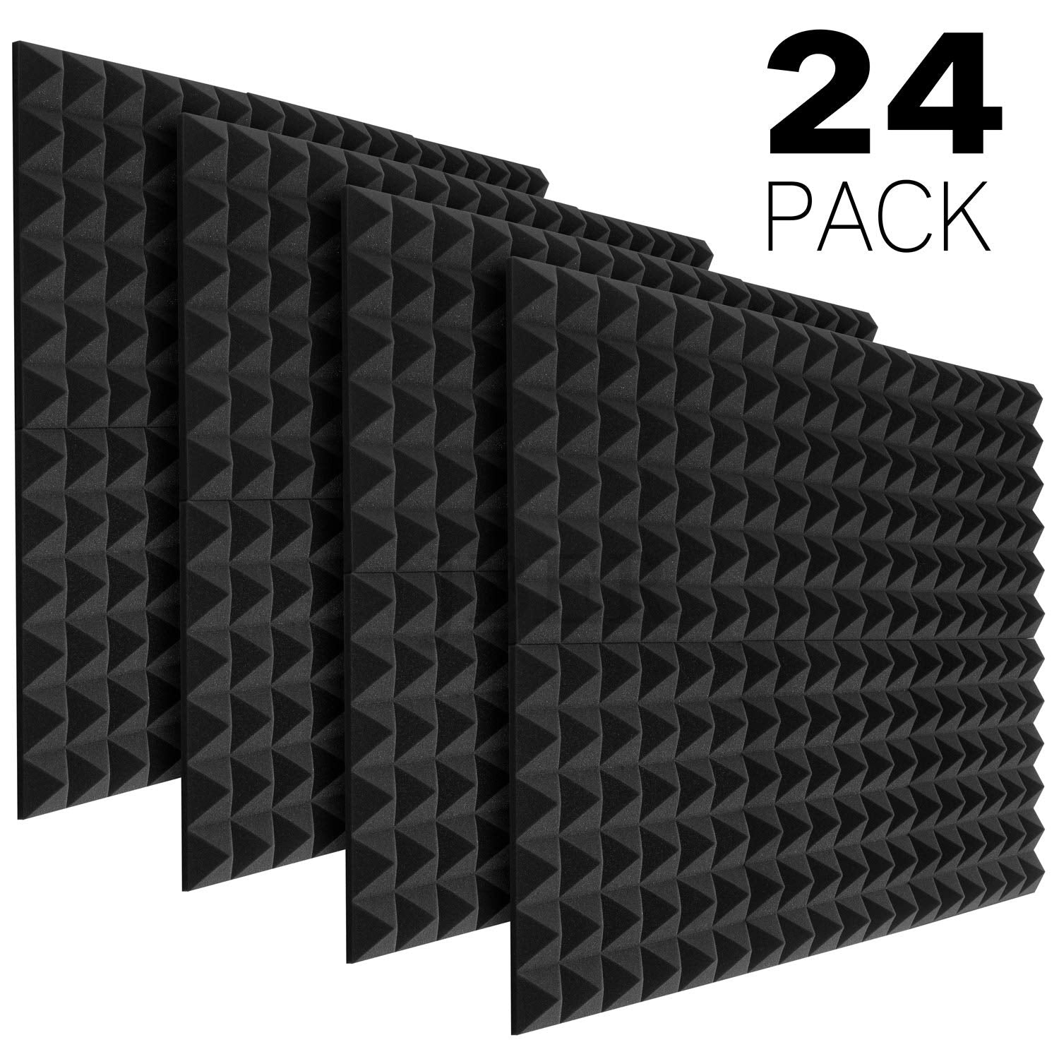 Jber Acoustic Sound Foam Panels, 24 Pack 2'' X 12'' X 12'' Charcoal Soundproofing Treatment Studio Wall Padding Sound Absorbing