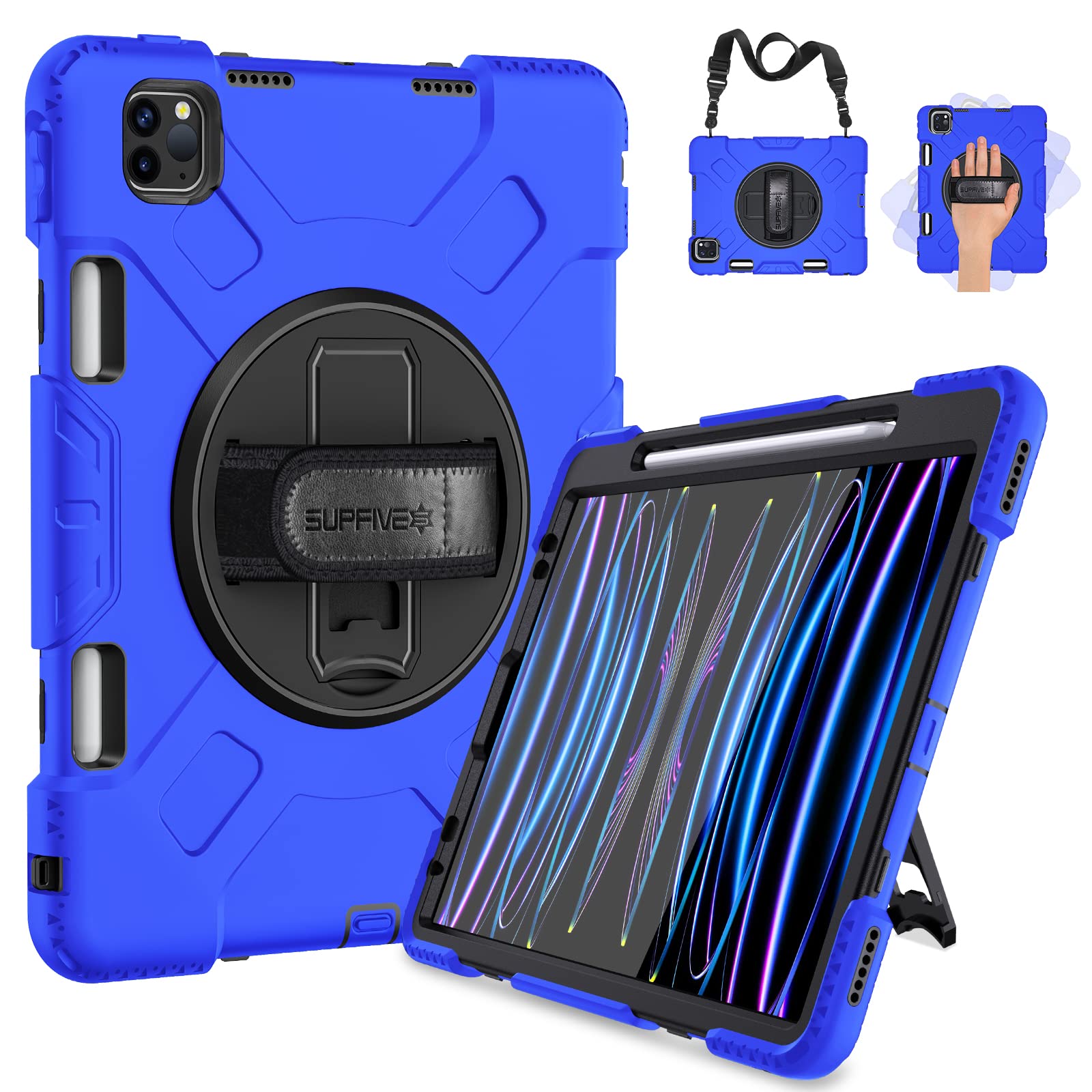 Supfives Case For Ipad Pro 11 Inch 2022, Upgraded Military Grade Shockproof Protector Silicone Cover Pencil Holder+ Handle+ Shou