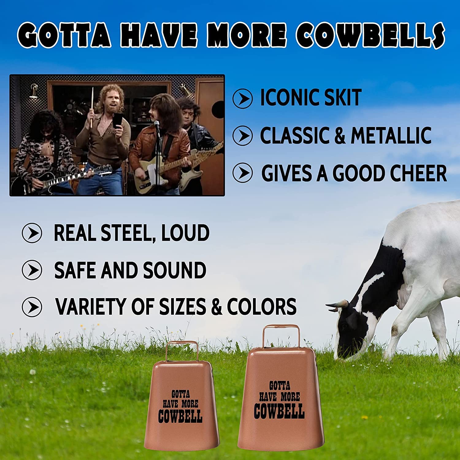 Bevin Bells Gotta Have More Cowbell (Xl) | Kentucky Cow Bell W/Copper Color | Made From Steel | Loud Noise Makers W/Handle |