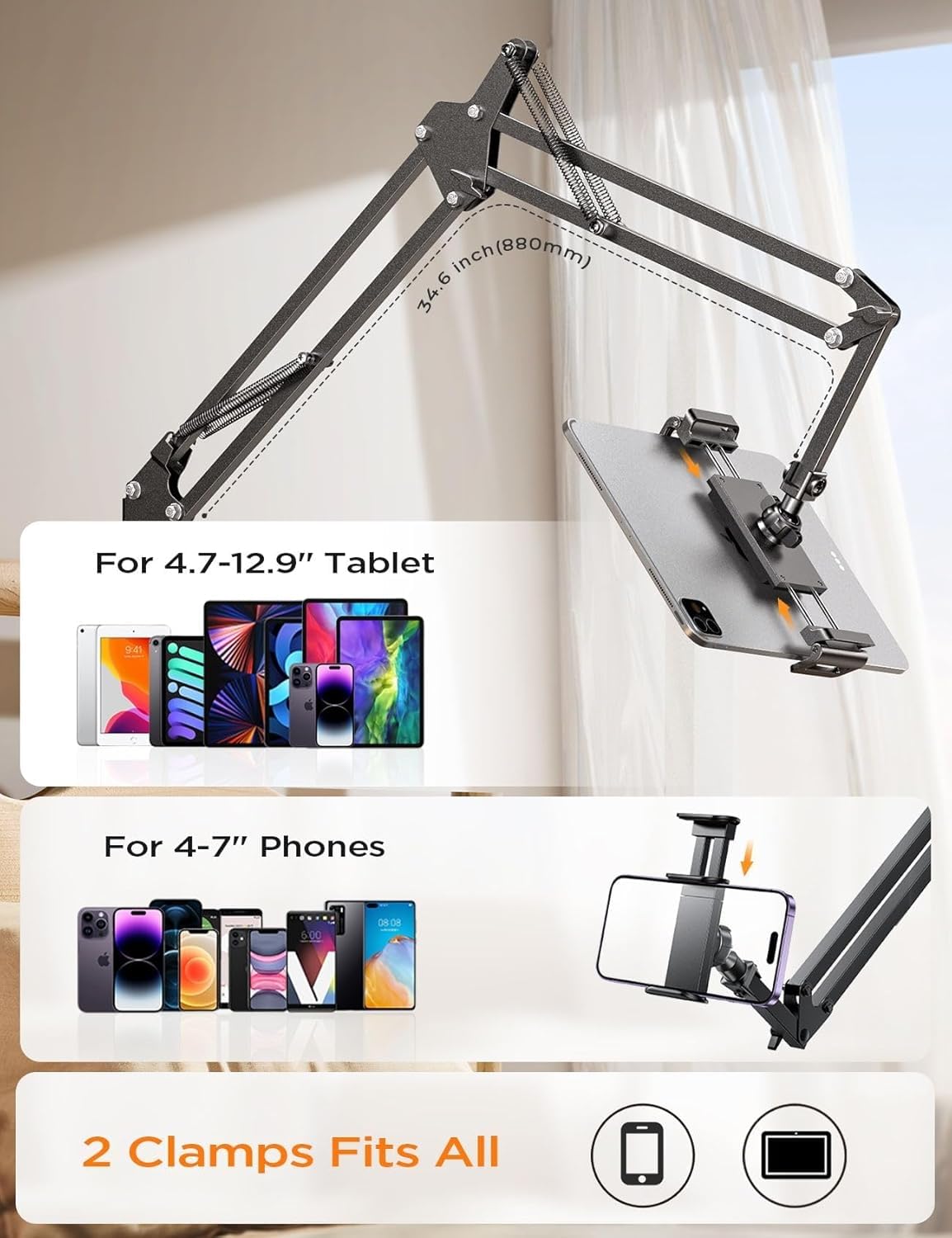 Lisen Tablet Stand Phone Holder Ipad Holder For Desk Mount[Ultra Sturdy] 2 Clamps Kindle Holder For Bed Gooseneck Phone Tablet H