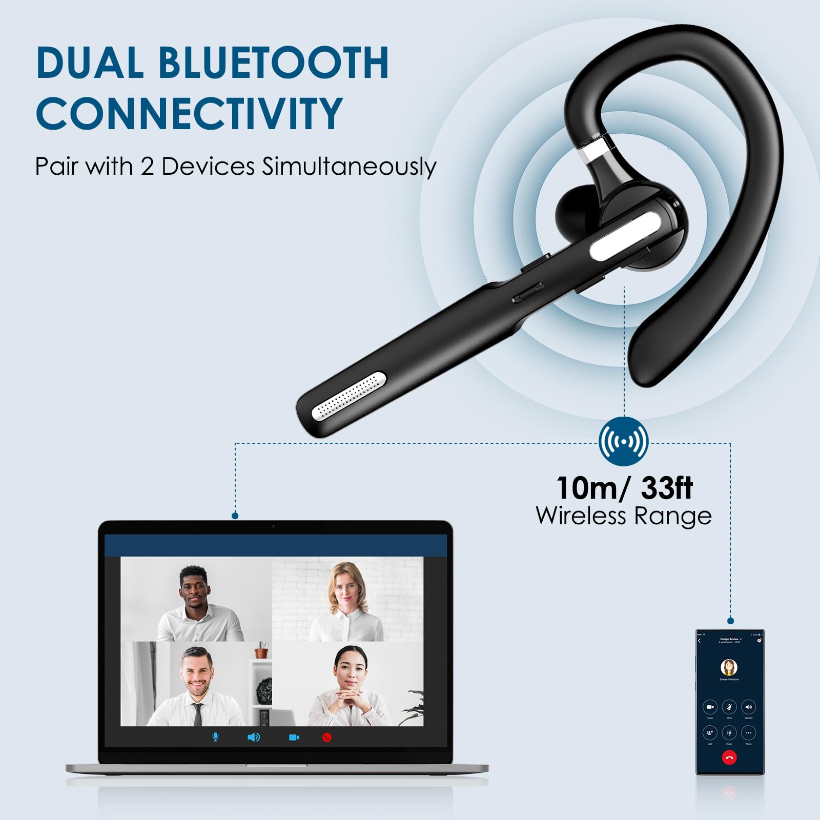 Bluetooth Headset, Wireless Earpiece With Noise Cancelling Microphone For Driving, Single Ear Headphones For Cell Phones, Comput