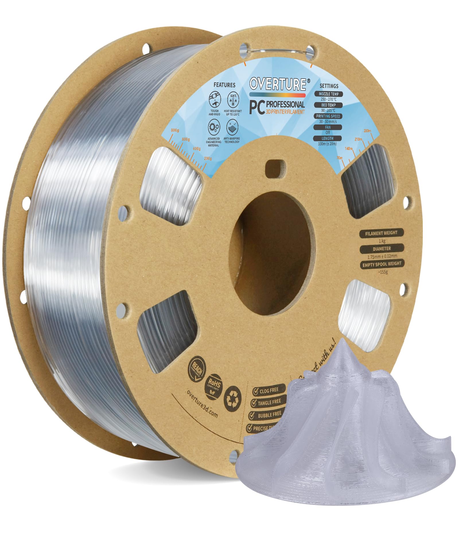 OVERTURE PC Professional Filament, Cardboard Spool, 1kg(2.2lbs), Dimensional Accuracy Probability +/- 0.02mm, Fit Most FDM Print
