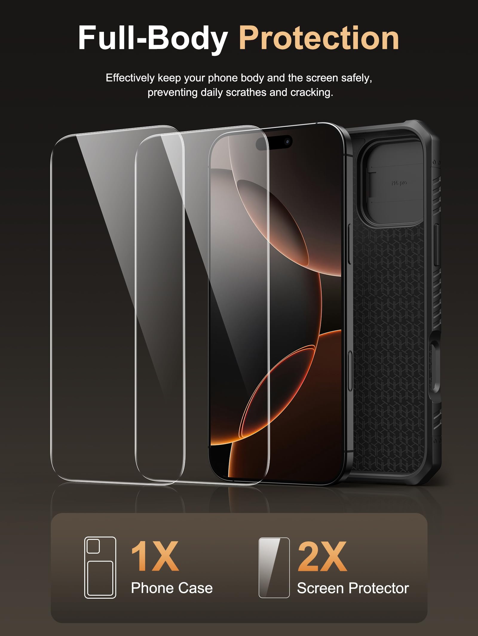 Vihibii For Iphone 16 Pro Case With [2X Screen Protector], Built In Card Holder (4 Cards), [Rfid Blocking] & Slide Camera Cover