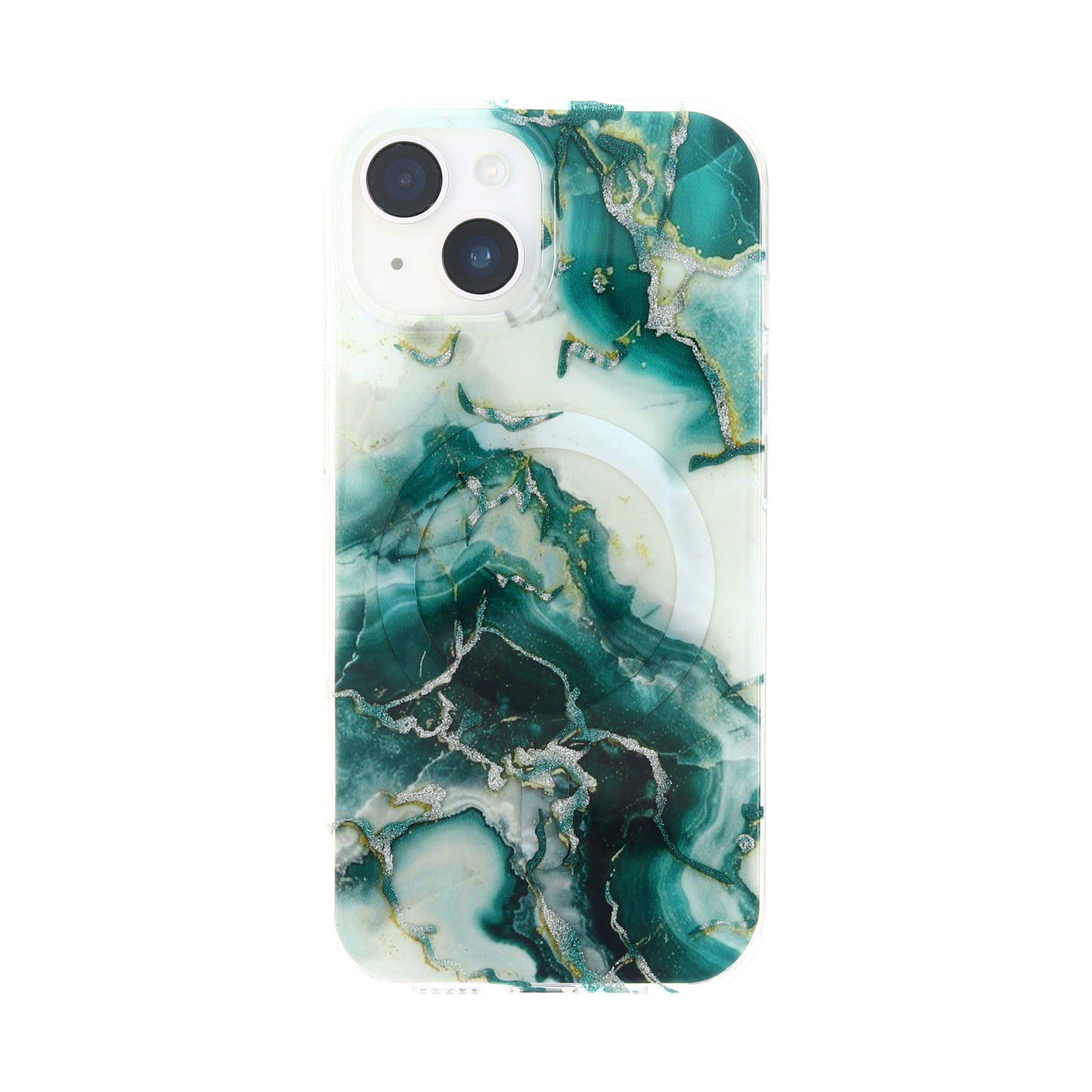 Katti Case Premium Marble Pattern Case for The iPhone 15 Plus - Deep Green and White Design with Silver and Gold Leaf Accents, I