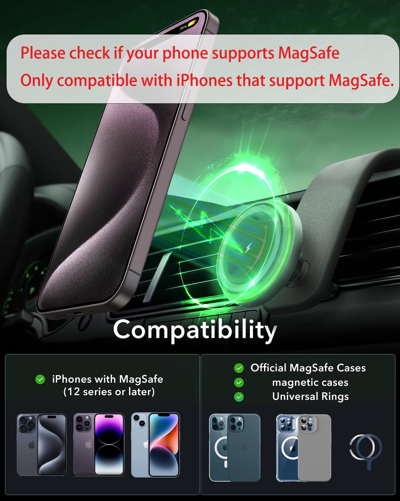 Victory & Gift For 15W Magsafe Car Charger, Magnetic Wireless Car Charger, For Magsafe Car Mount Air Vent/Dashboard Car Phone Ho