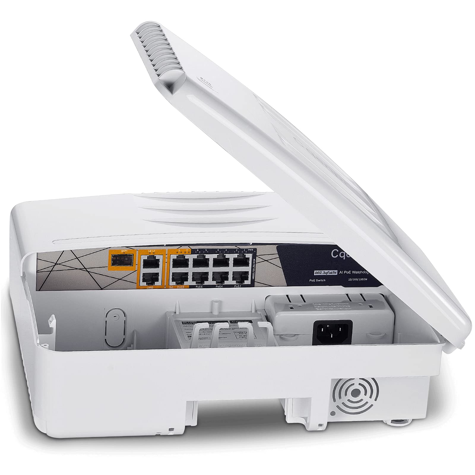 Cqenpr Outdoor Poe Switch With 8 Port Poe+2G Uplink+1Sfp Slot, Ieee802.3Af/At/Bt, All In One Box, 60W Poe++, 120W High Power Out