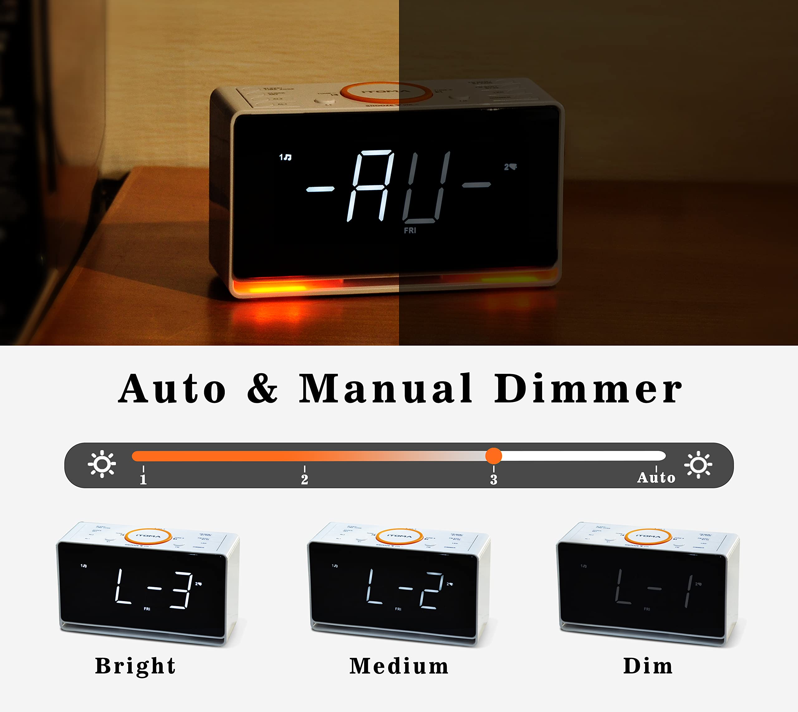 Itoma Alarm Clock Radio, 1.4'' White Led Display Clock With Bluetooth, Fm Radio, Dual Alarm, Sleep Timer, Snooze, Auto & Manual