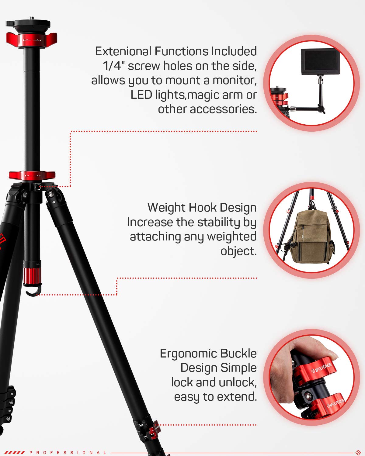 Ifootage 65'' Aluminum Camera Tripod, Professional Video Tripod 3 Sections With Centre Pole, Compatible With Canon, Nikon, Sony