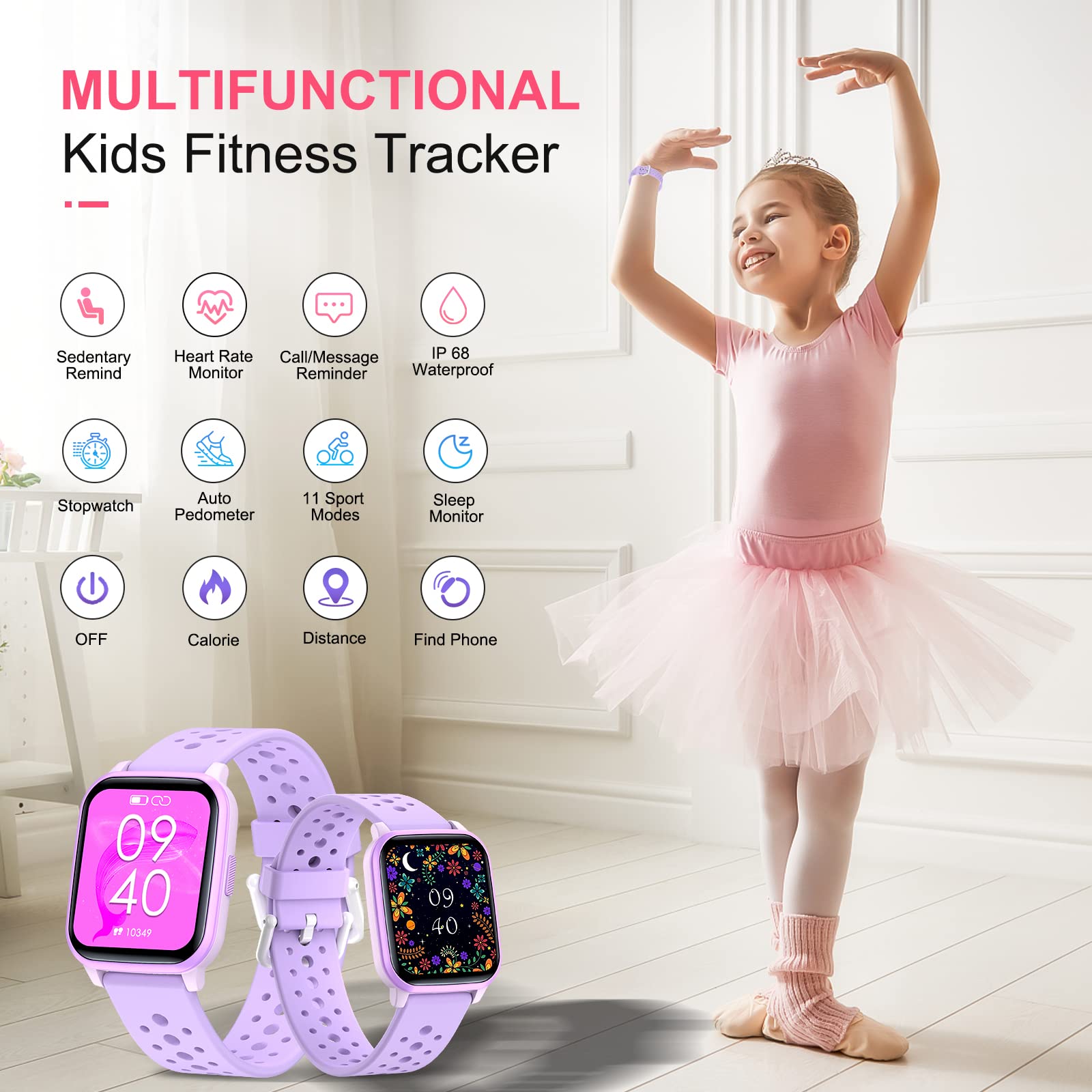 Hengto Kids Smart Watch With 20 Sports Modes, Fitness Tracker For Girls Boys Age 6+ With Sleep Monitor, Step Counter, Alarm Cloc