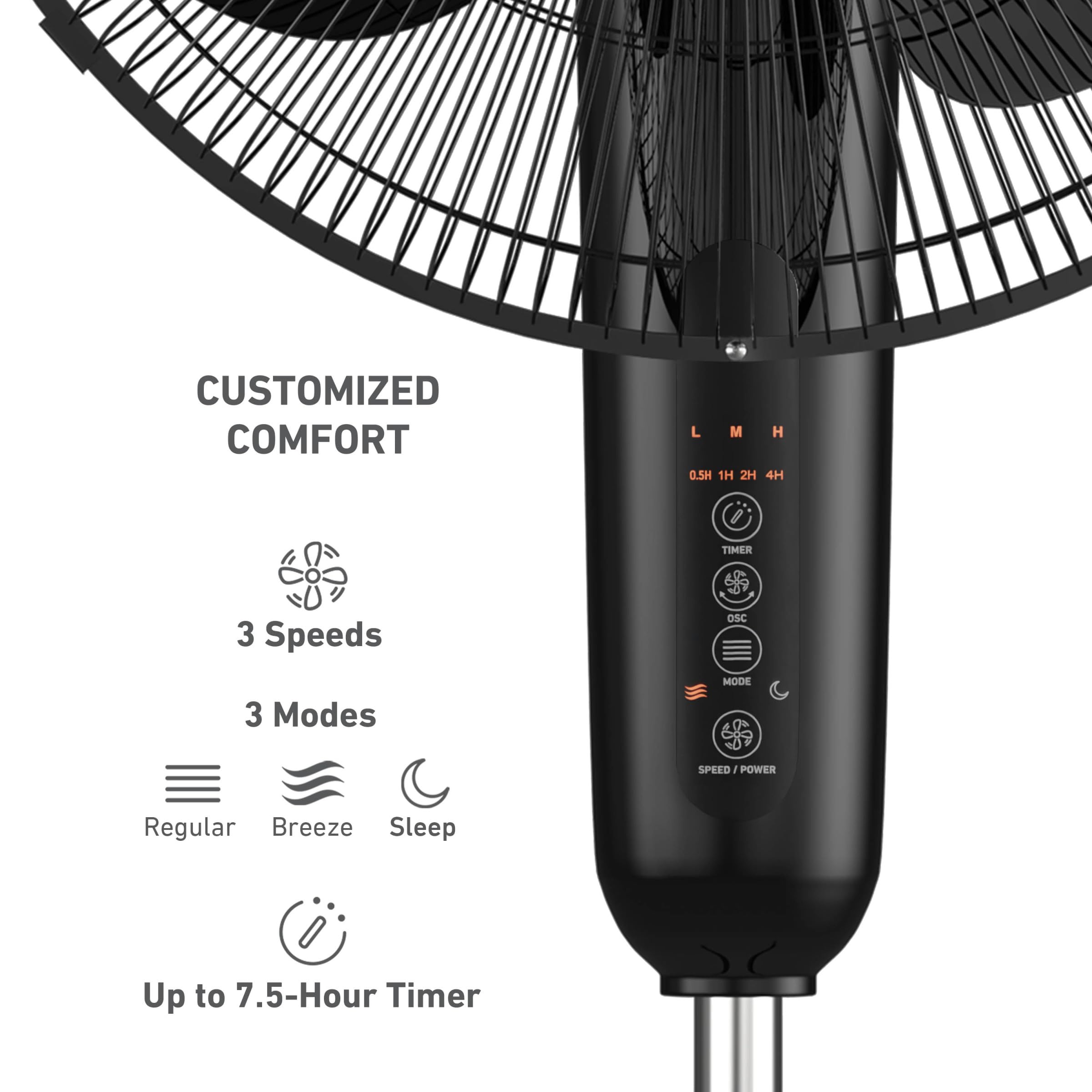 Holmes 16'' Digital Stand Fan, 80 Oscillation, 3 Speeds, 3 Modes, 7.5 Hour Timer, Adjustable Height, 30 Adjustable Head Tilt, Id