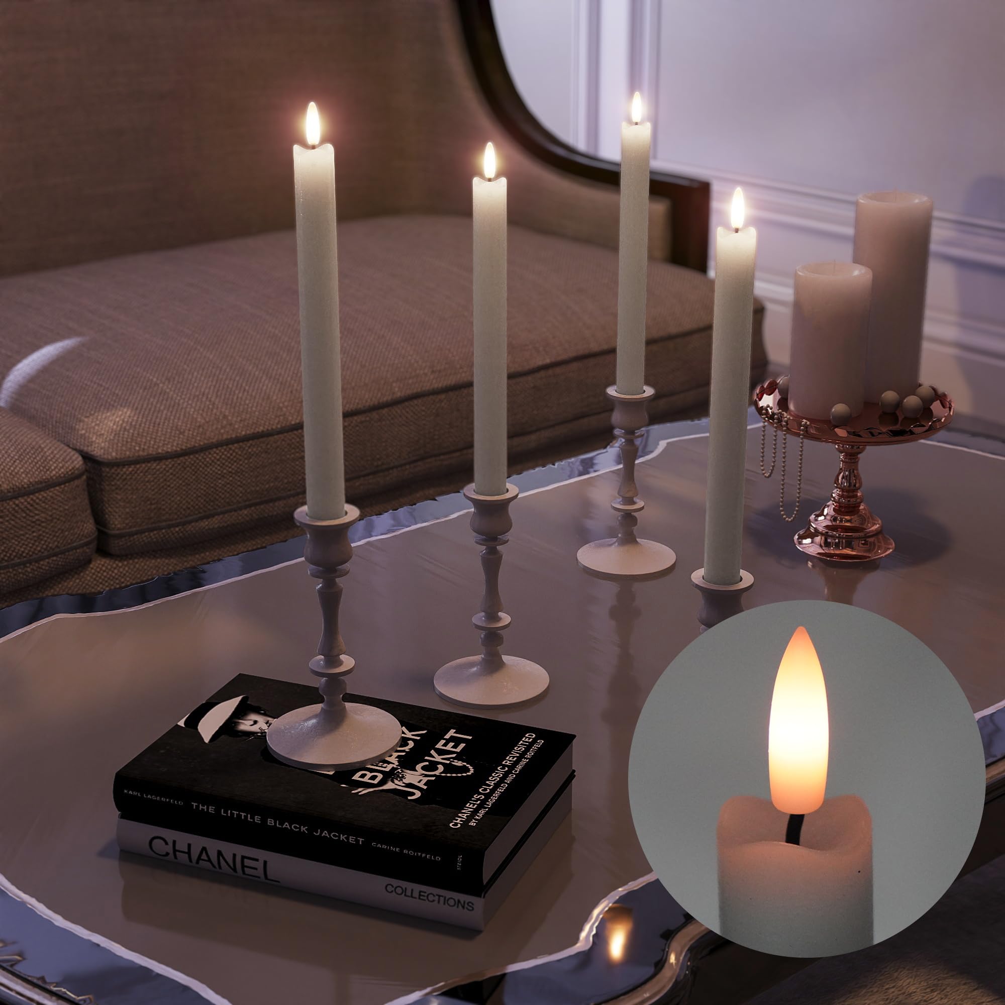 Patiphan Rechargeable Flameless Taper Candles With Charging Station, 6 Pcs Real Wax Led Taper Candles Flickering With Remote&Tim