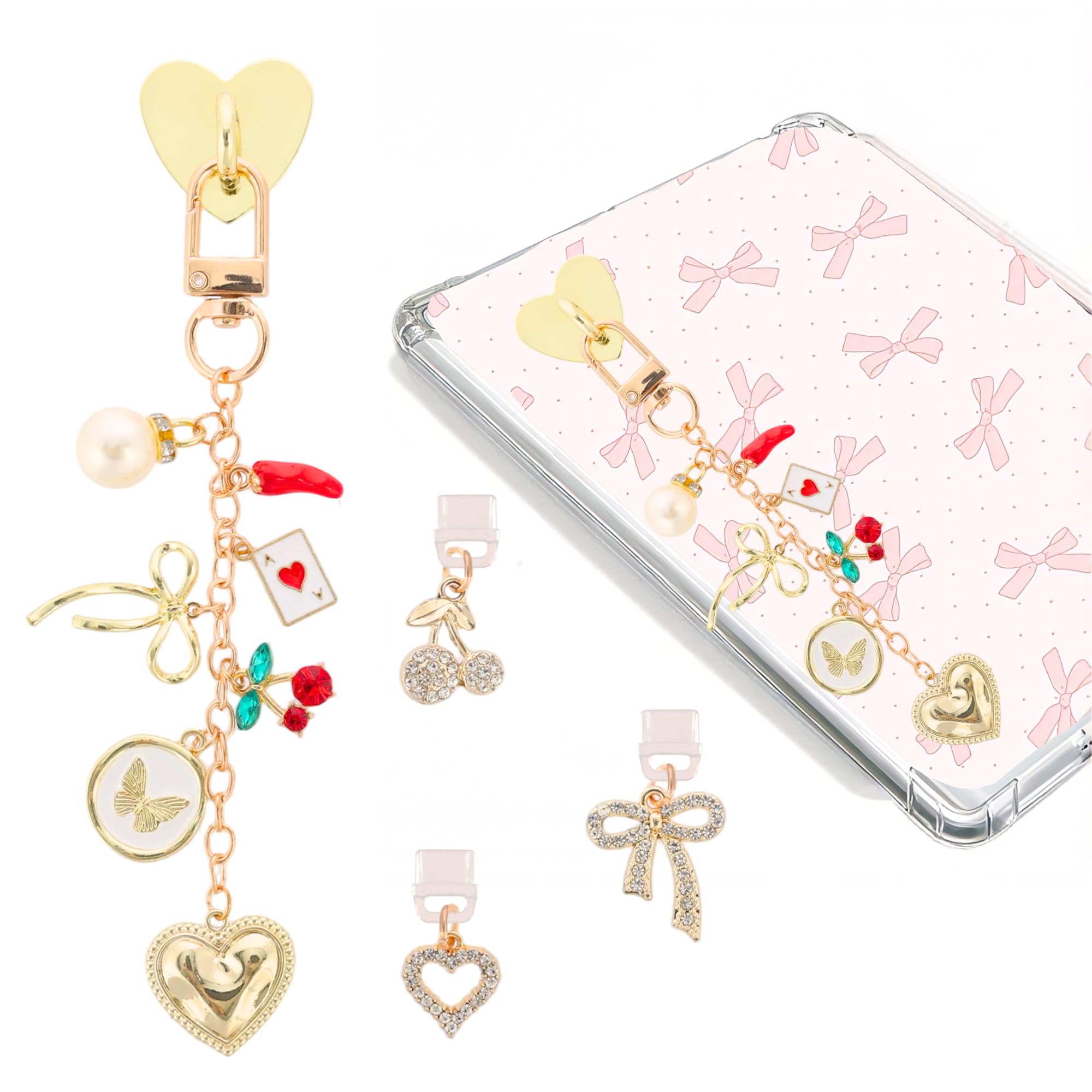 TAKEALOOKO Dust Plug Charm Chains for Kindle - 4Pcs Cute Heart Bowknot E-Reader Phone Charms Type C Dustplug & Bracelet Strap De