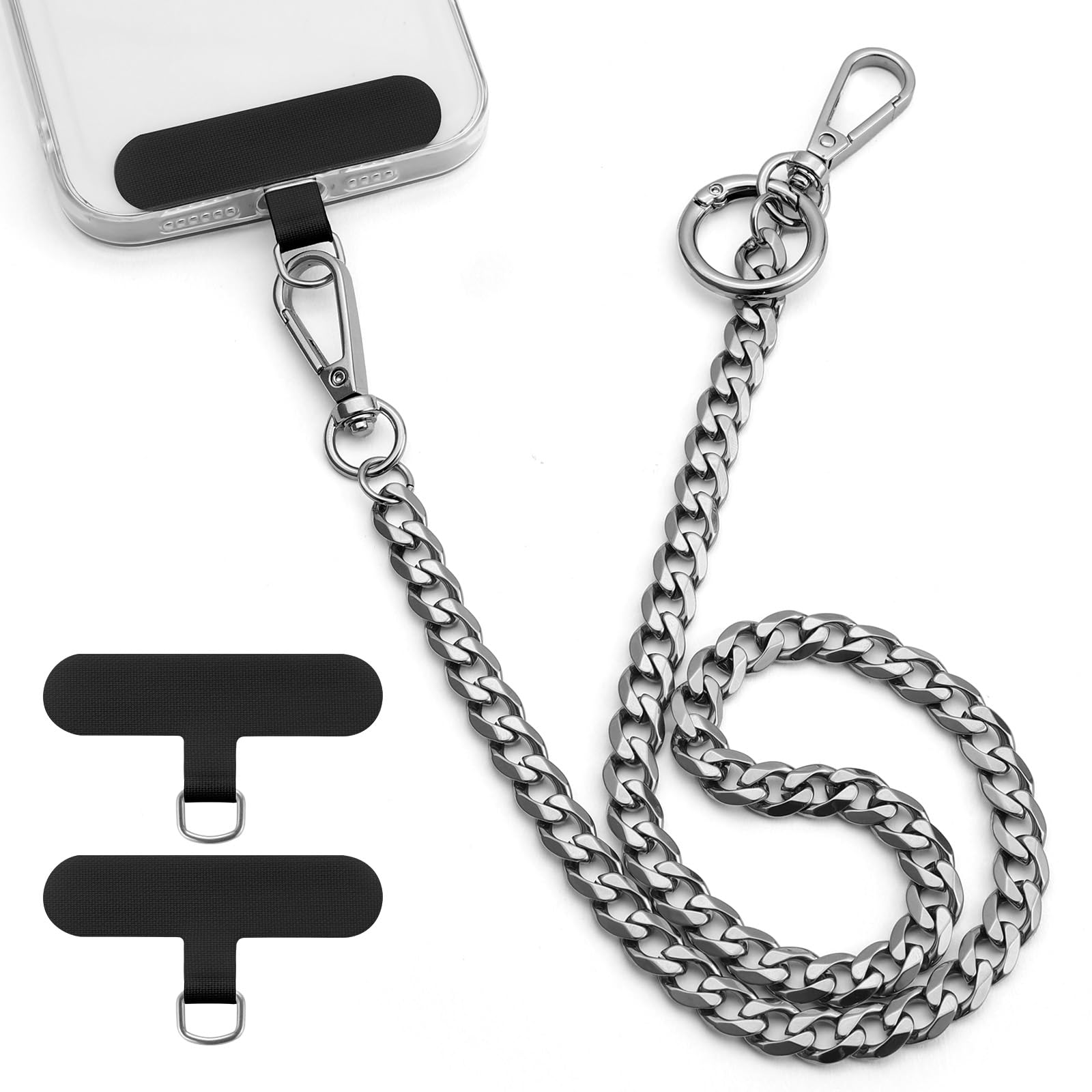 OUTXE Anti Theft Phone Chain, 19.6 Heavy Duty Metal Belt Strap with 2 Pack Phone Patch for All Smartphones, Pants Chain for Wall