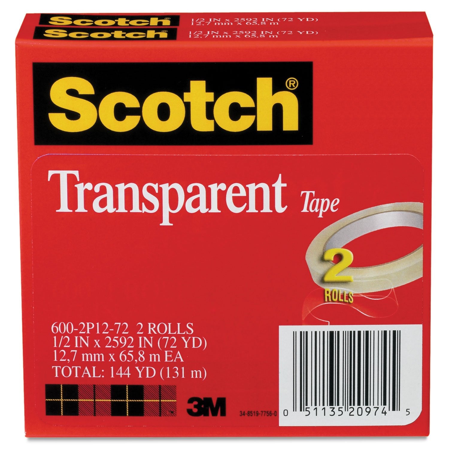 Scotch 6002P1272 Transparent Tape, 3 Inch Core, 1/2 Inch X2592 Inch, 2/Pk