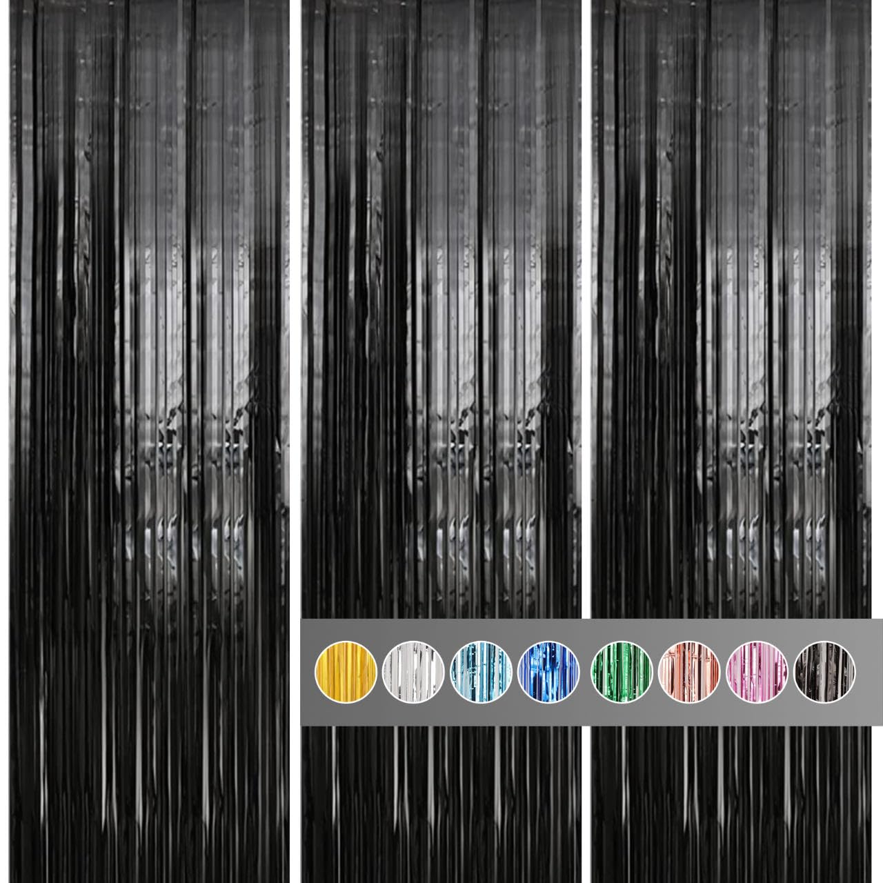 Tenlaitech 3 Pack 3.3 X 9.9 Ft Black Foil Fringe Backdrop Curtain, Streamer Backdrop Curtains, Streamers Birthday Party Decorati