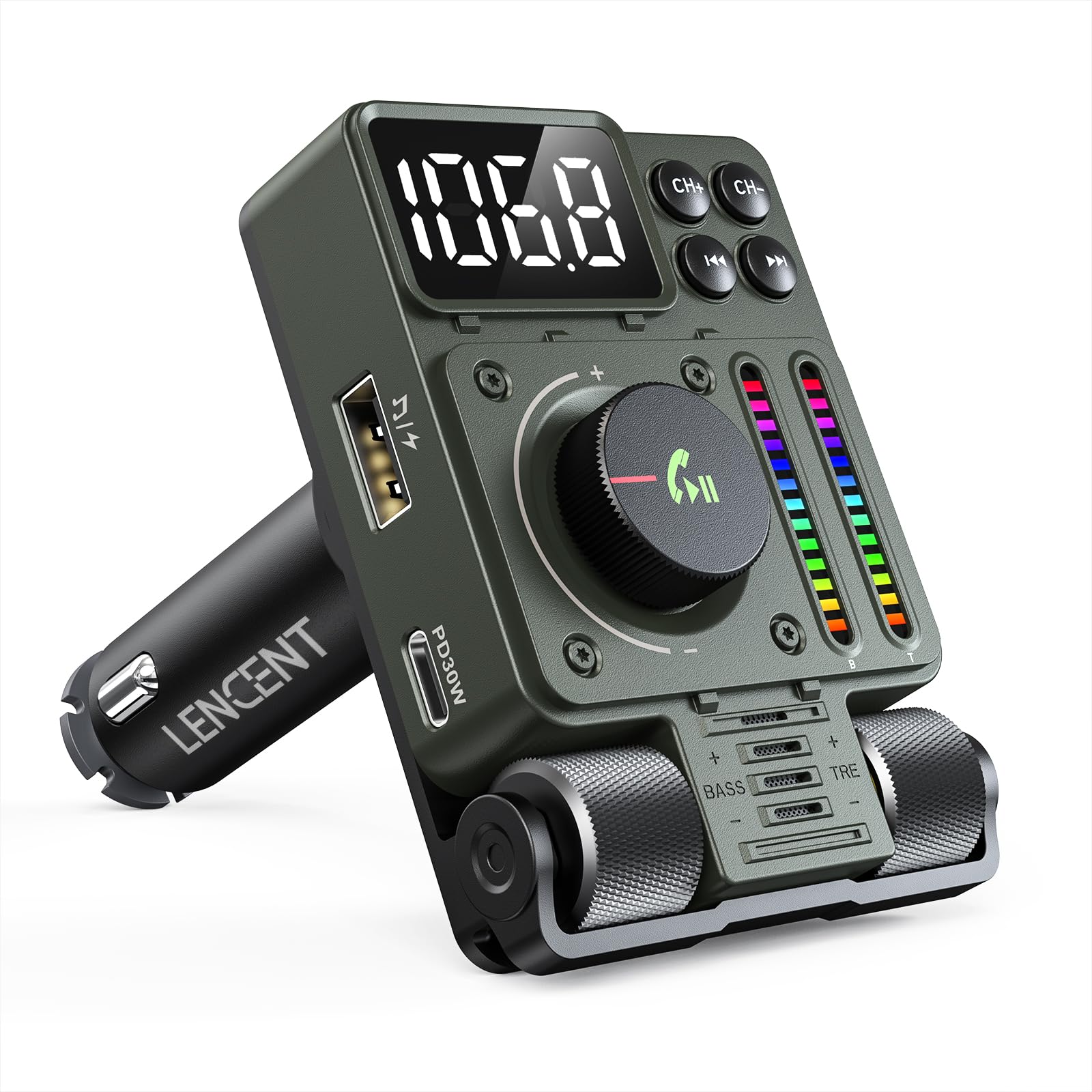 Lencent Fm Bluetooth 5.3 Transmitter For Car, Adjustable Treble And Bass Sound Music Player, Bluetooth Car Adapter For Hands Fre