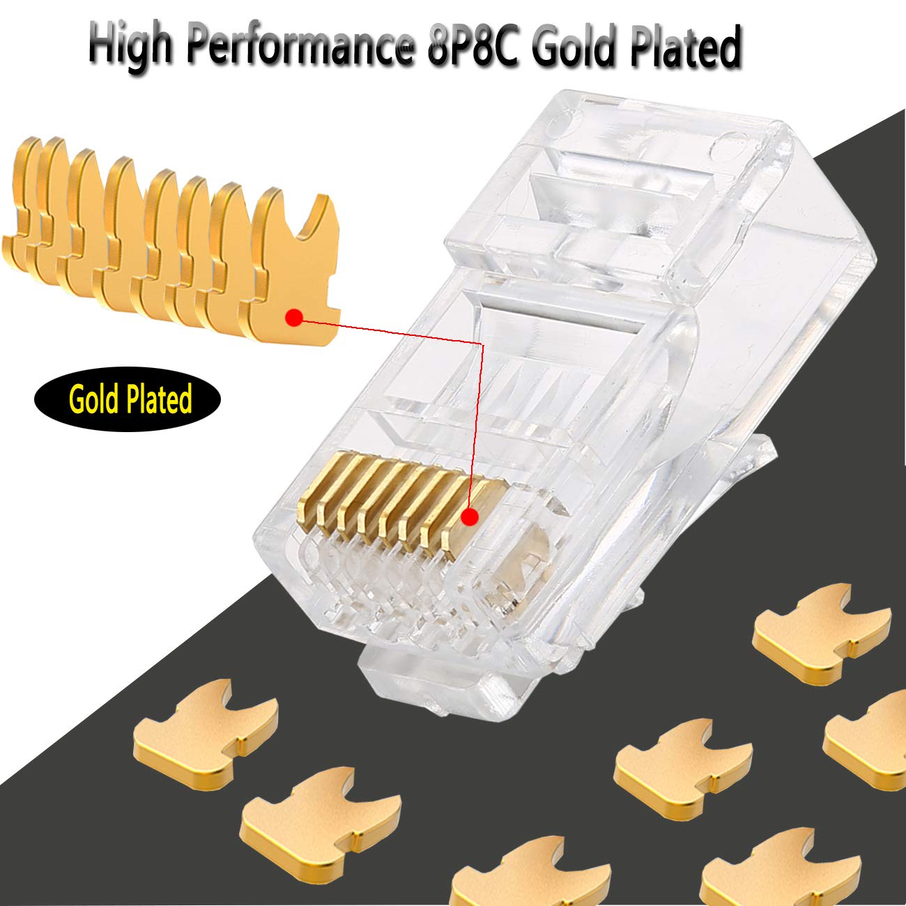 Rj45 23Awg Cat6A Cat6 Large Connector Gold Plated 8P8C Pass Through Plug Utp Network Ends For Unshielded Twisted Pair Solid Wire & Standard Cables | Transparent Passthrough Ethernet Insert(50Packs)