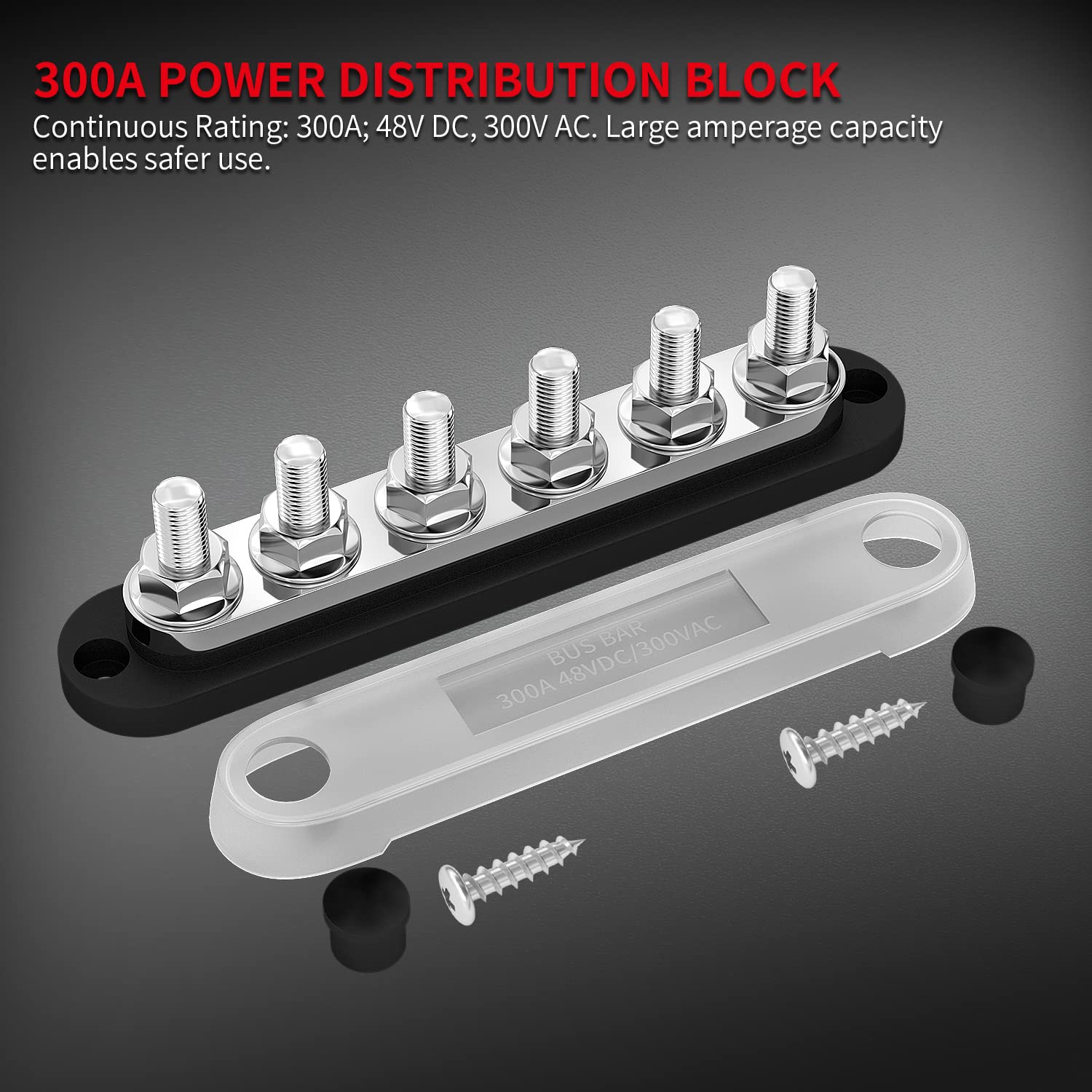 Daiertek 300A Bus Bar 12V Marine 12V Power Distribution Block With Cover 6 X 3/8'' (M10) Terminal Studs Max 300V Ac 48V Dc Posit