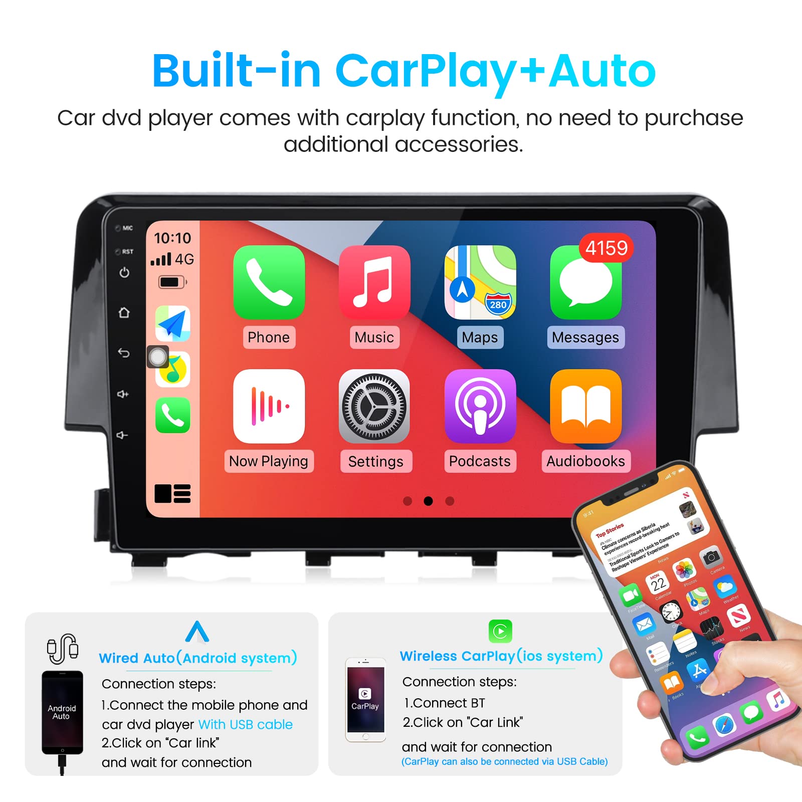 Biorunn Android 13 Car Stereo Radio For Honda Civic 2016 2017 2018 2019 2020 2021, 8 Core Wireless Wired Car Play Android Auto G