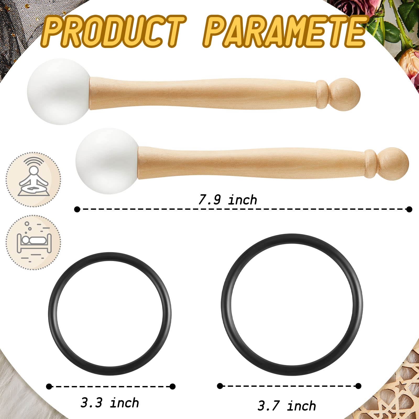 Nuanchu 4 Pcs Crystal Singing Bowl Mallet Bowl Striker And O Ring Set, Include 2 Rubber Head Wood Handle Mallet With 2 Rubber O