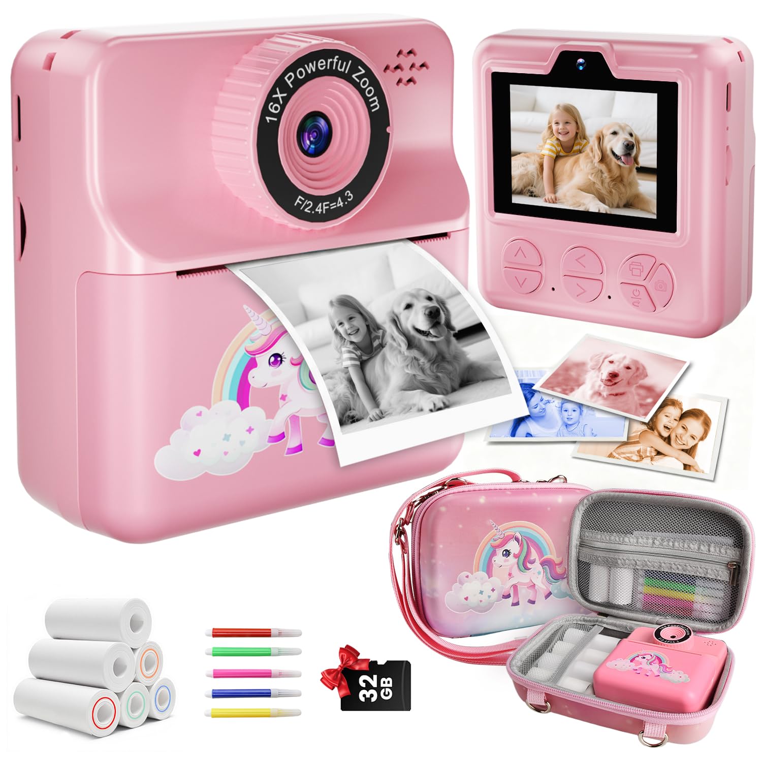 Kids Camera Instant Print, Dual-Lens Digital Video Camera with 32GB SD Card, 5-Color Paper, Portable Carry Case, Christmas Birth