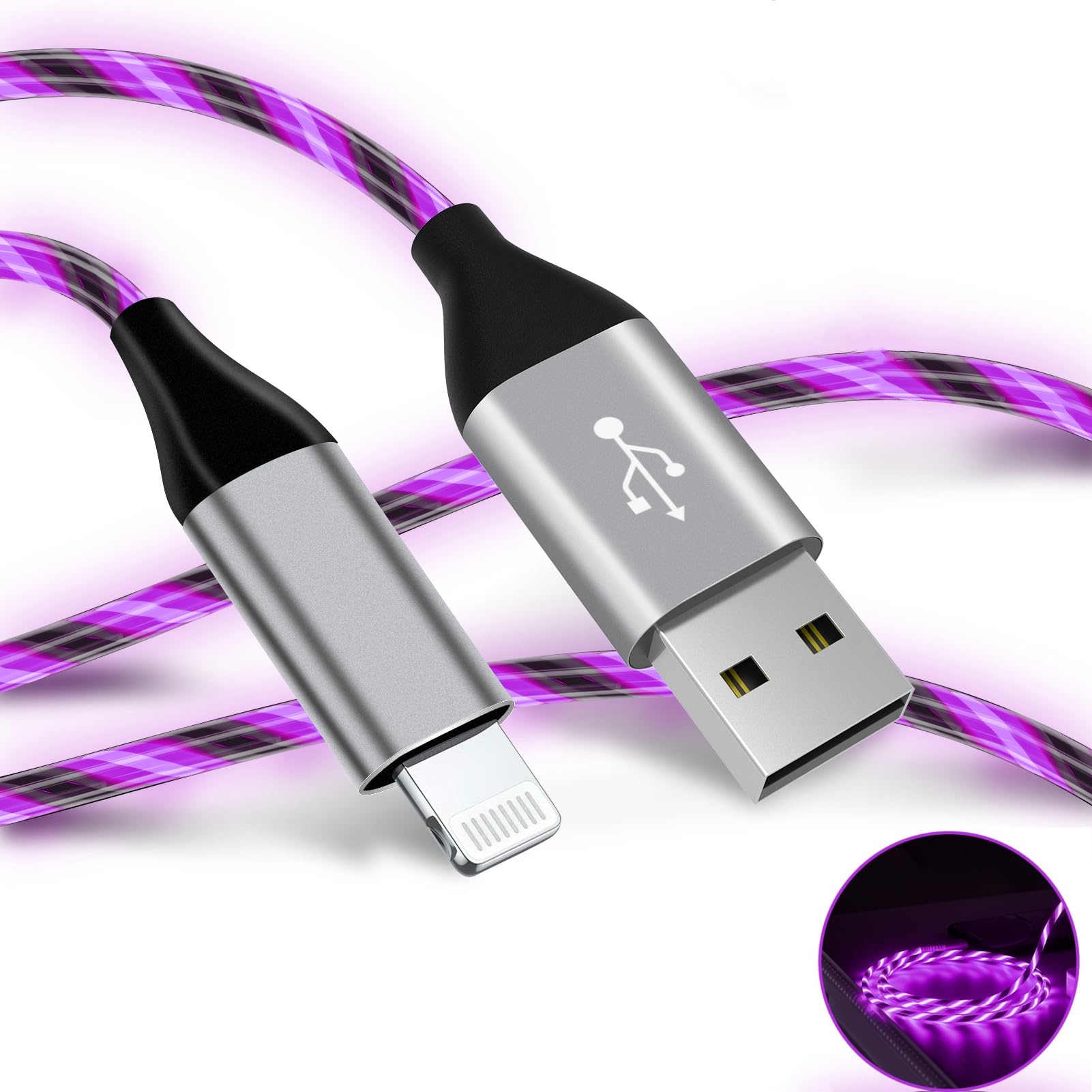 Light Up Iphone Charger Cable Led Apple Charger Cord Apple Mfi Certified Cool Usb Fast Charging For Iphone 14 13 12 11 Pro Max Xr X Se 8 Plus Ipad Ipod Touch More (Purple, 6 Ft)