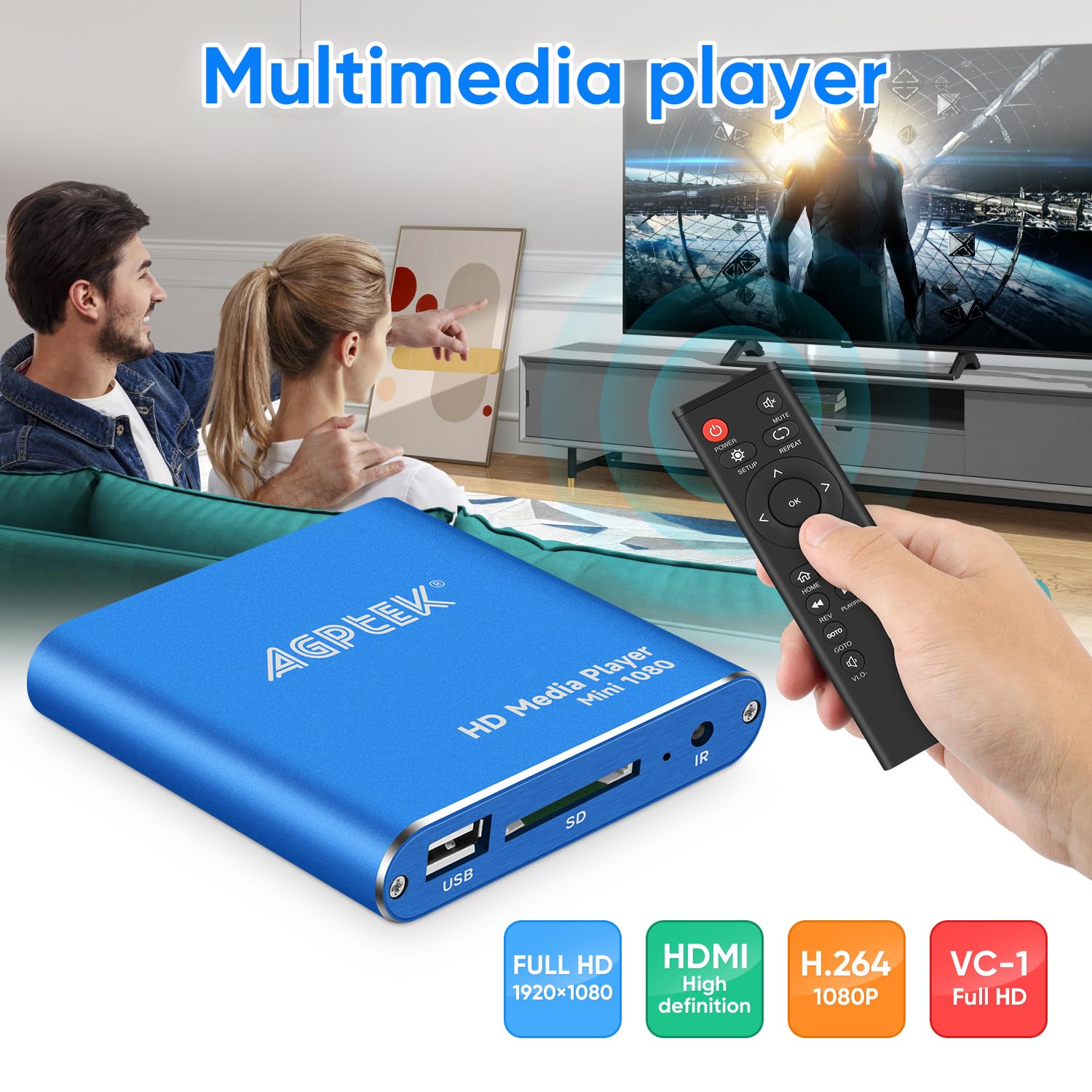 Hdmi Media Player, Blue Mini 1080P Full Hd Ultra Hdmi Mp4 Player For  Mkv/Rm/ Mp4 / Avi Etc  Hdd Usb Flash Drive/Hdd And Sd Card
