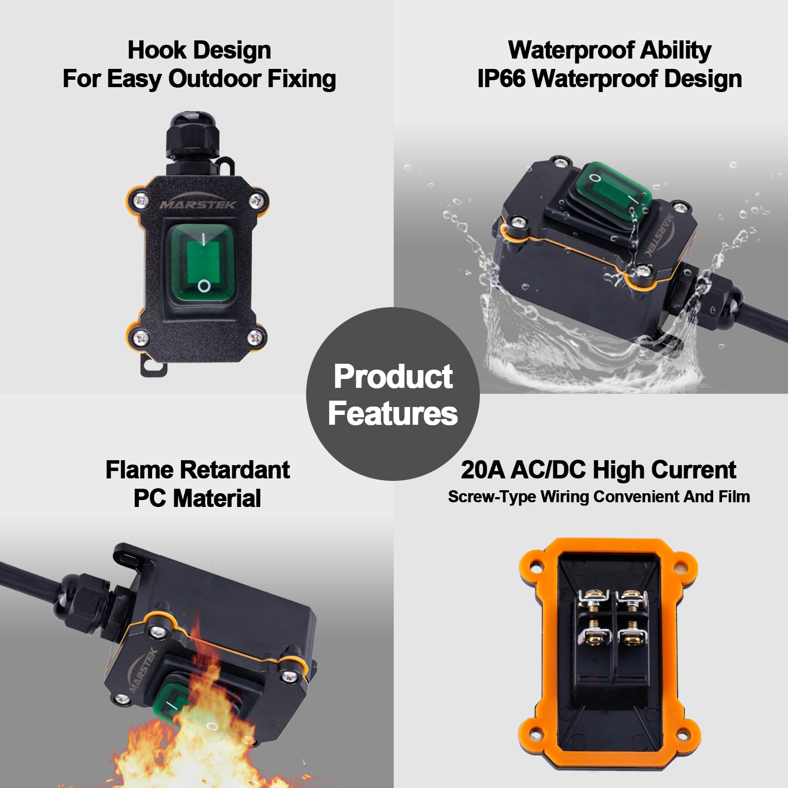 Marstek Heavy Duty Waterproof Extension Cord With On/Off Switch,Inline Cord Switch With 10 Ft 16Awg Cable Piggyback Plug(3 Prong