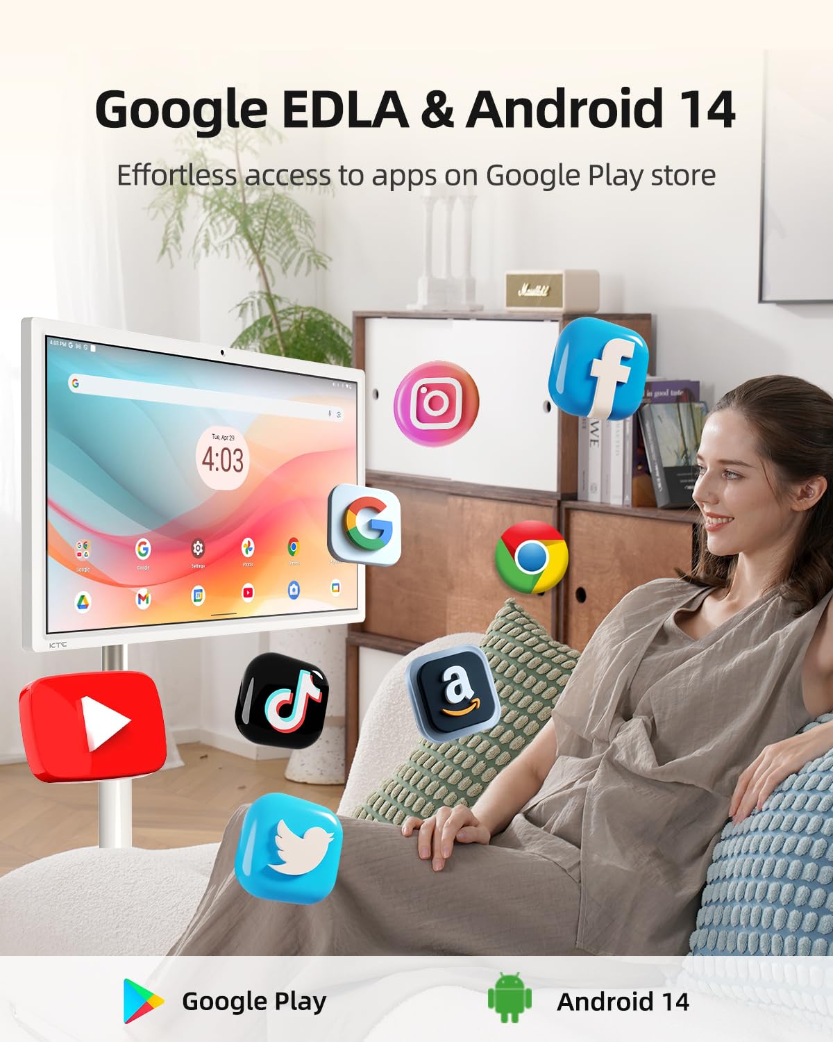 Ktc 27-Inch Portable Tv -1080P Touch Screen Monitor On Wheels With 8Mp Camera, Google Edla Certified, Android 14, Qualcomm 8G Ra