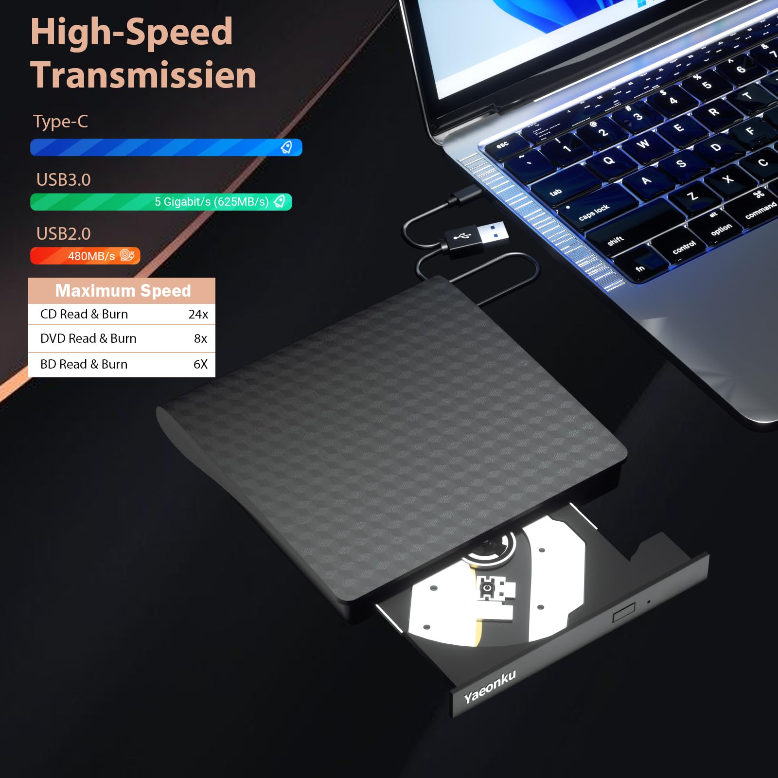 Yaeonku External Bluray Drive, Usb 3.0 And Type C Blu Ray Burner Player Slim 3D Optical Blu Ray Dvd Cd Player Compatible With Wi