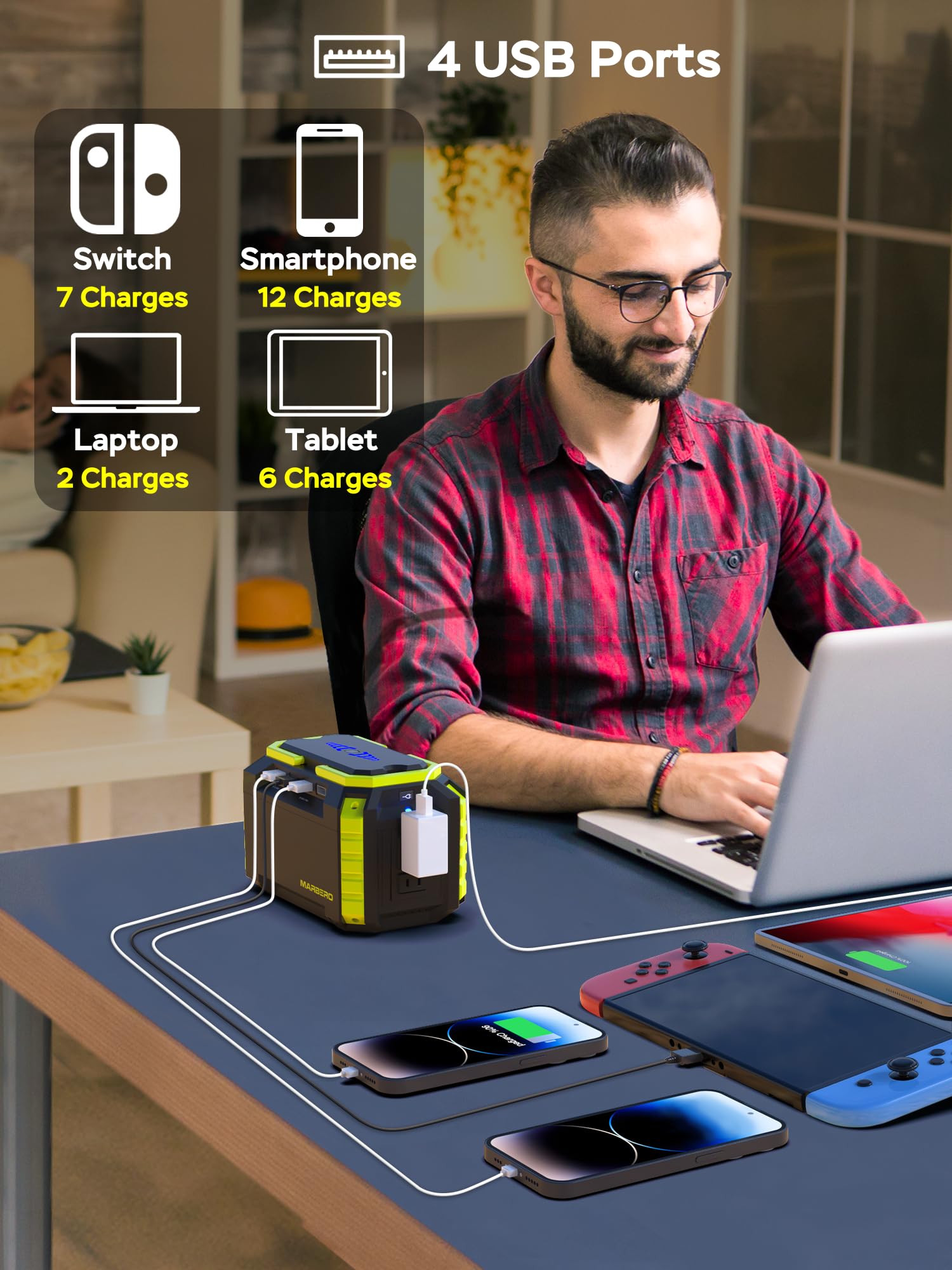 Marbero Portable Power Station 150Wh Camping Solar Generator Laptop Charger Power Bank With Ac Outlet 110V 150W Peak With 4*Usb,