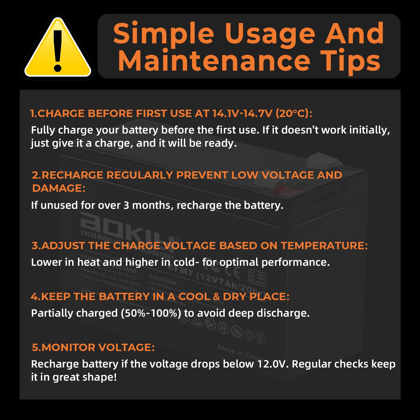 A Aokly 12V 7Ah Replacement Battery 6Fm7 Rechargeable Sealed Lead Acid Battery Sla Agm Power Source Maintenance Free